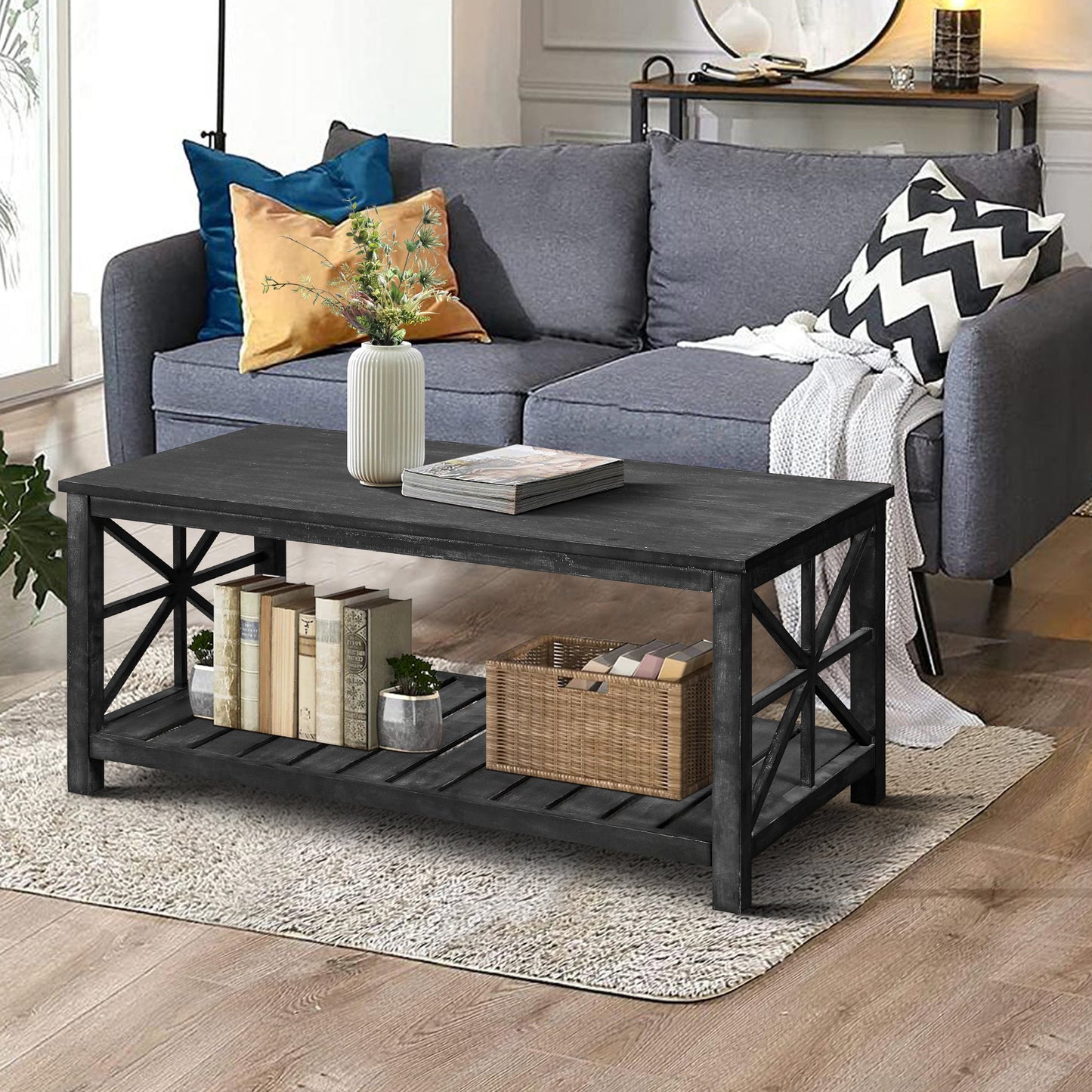 52''W  Handcrafted Coffee Table In Front Of The Sofa Or Loveseat For Living Room(Antique Black Color)