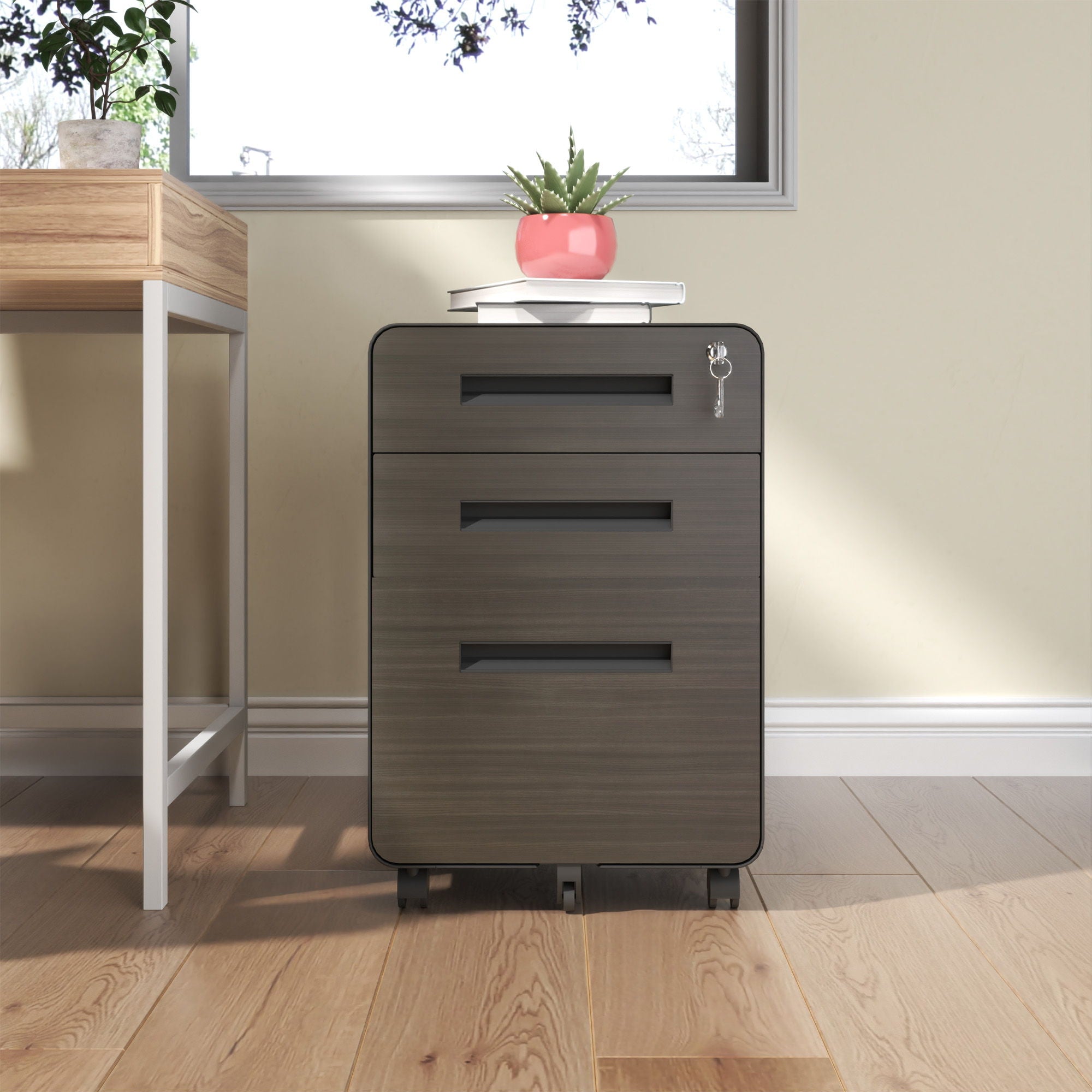 3-Drawer Mobile File Cabinet With Lock, On Casters, Holds A4/Letter Files