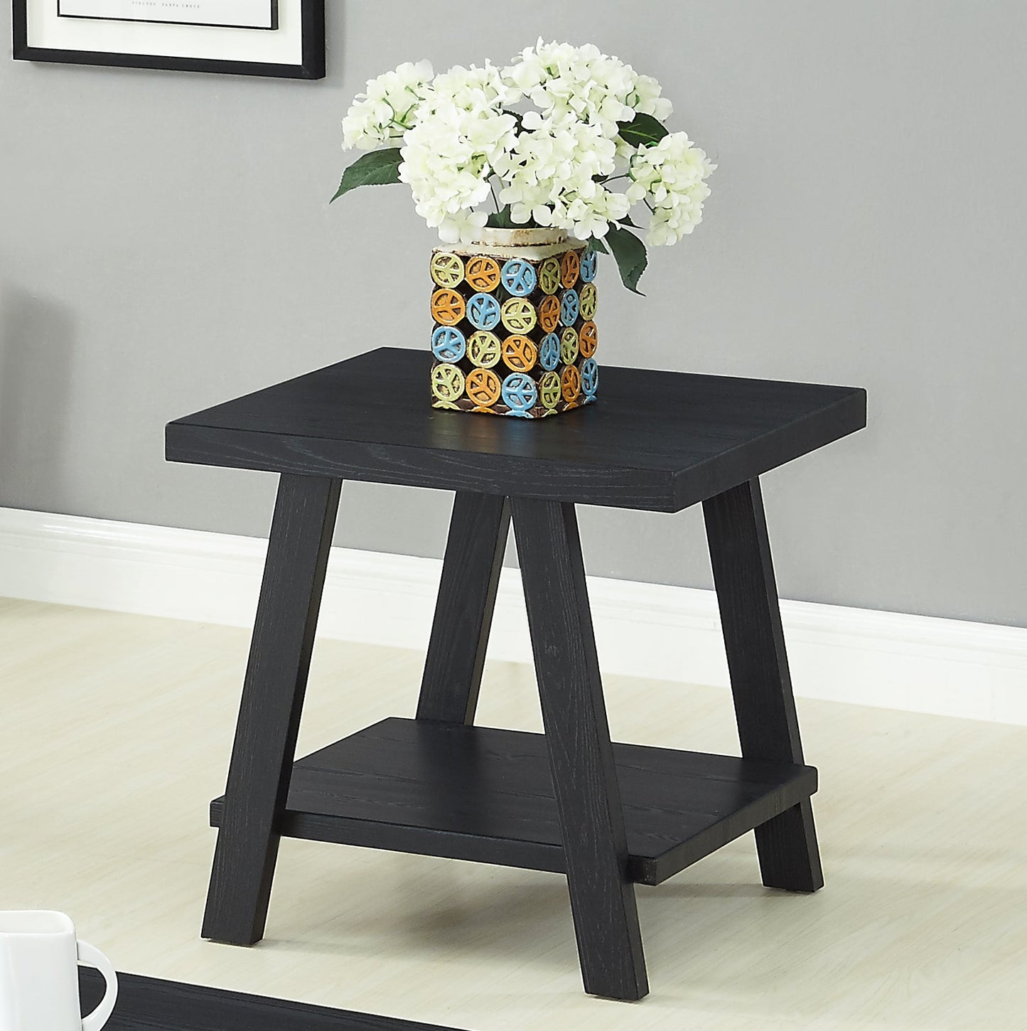 Athens Contemporary Replicated Wood Shelf Coffee Set Table in Black Finish