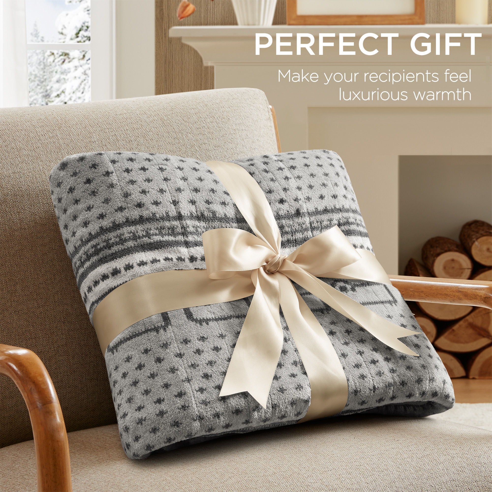 Print Plush to Sherpa - Heated Throw - Gray Cozy Sheep