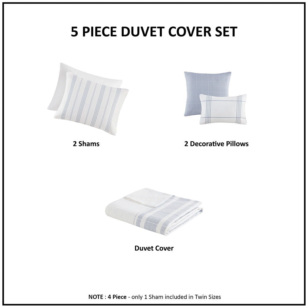 Morgan - 5 Piece Cotton Jaquard Duvet Set - White / Blue