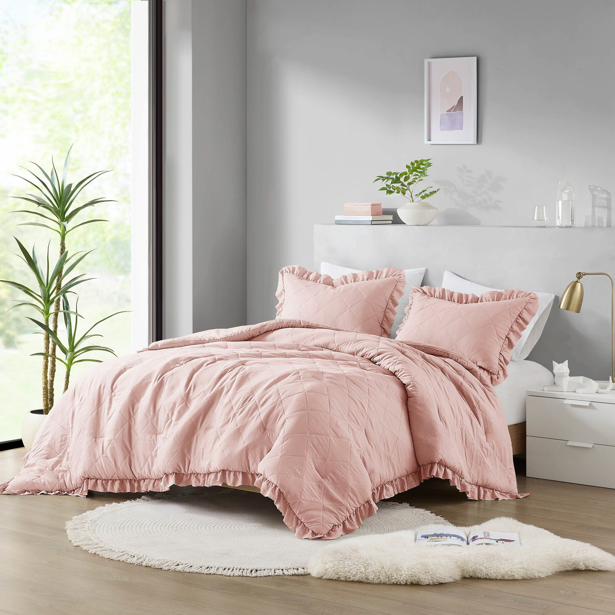 Phoebe - Twin/Twin Long Diamond Quilted Ruffle Edge Comforter Set - Blush