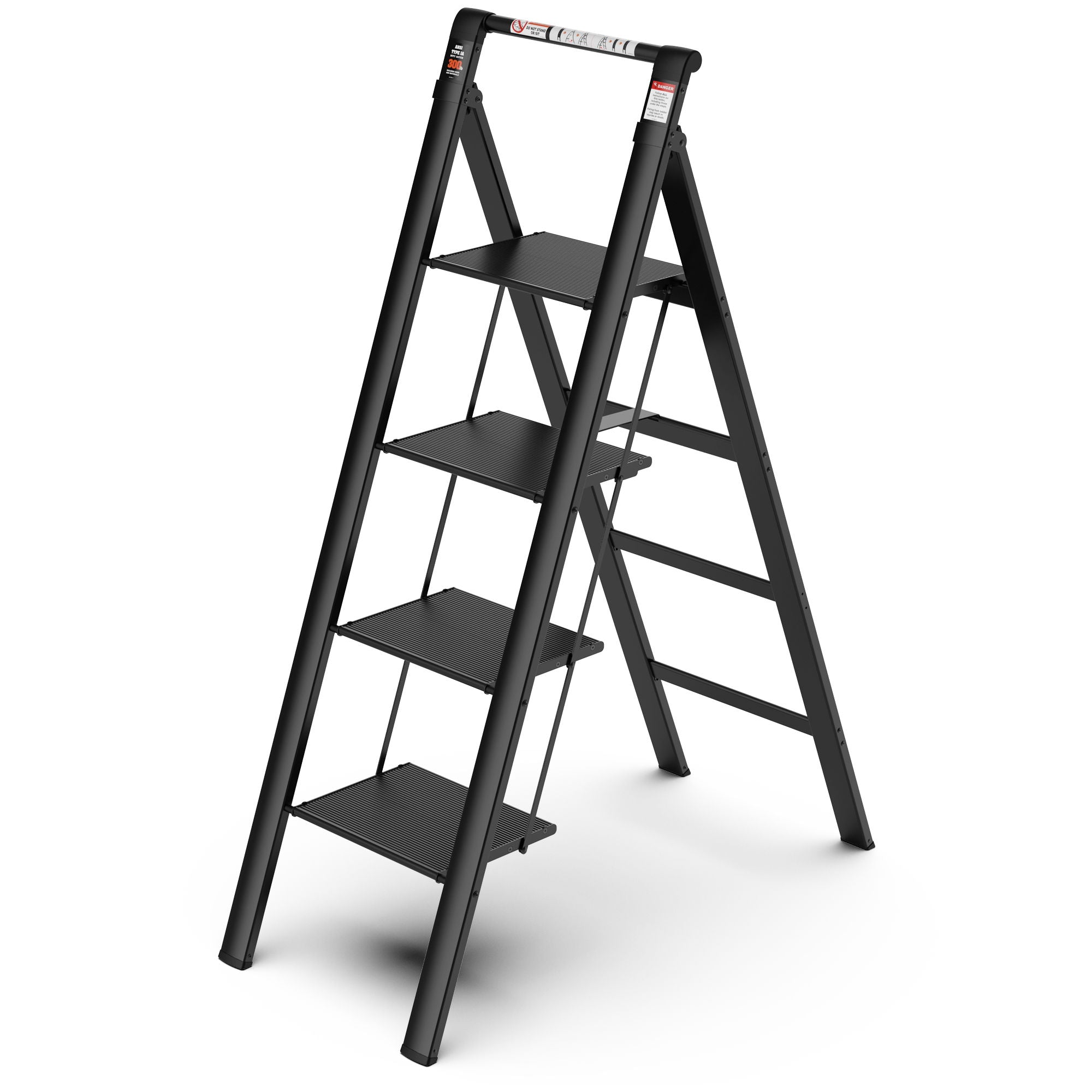 4 Step Ladder, Retractable Handgrip Folding Step Stool With Anti-Slip Wide Pedal, Aluminum Step Ladders 4 Steps, 300Lbs Safety Household Ladder - Black