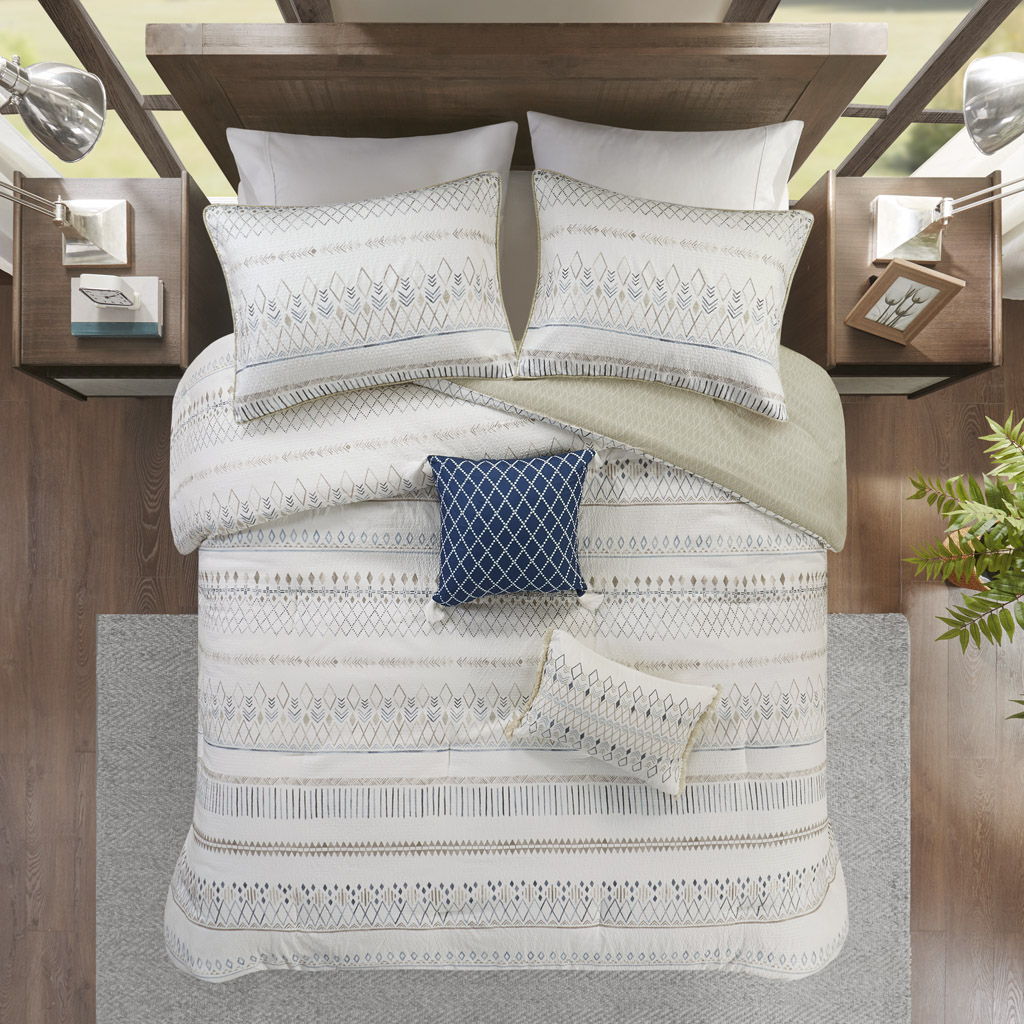 Fraser - 5 Piece Full Printed Seersucker Comforter Set With Throw Pillows - Taupe Multi