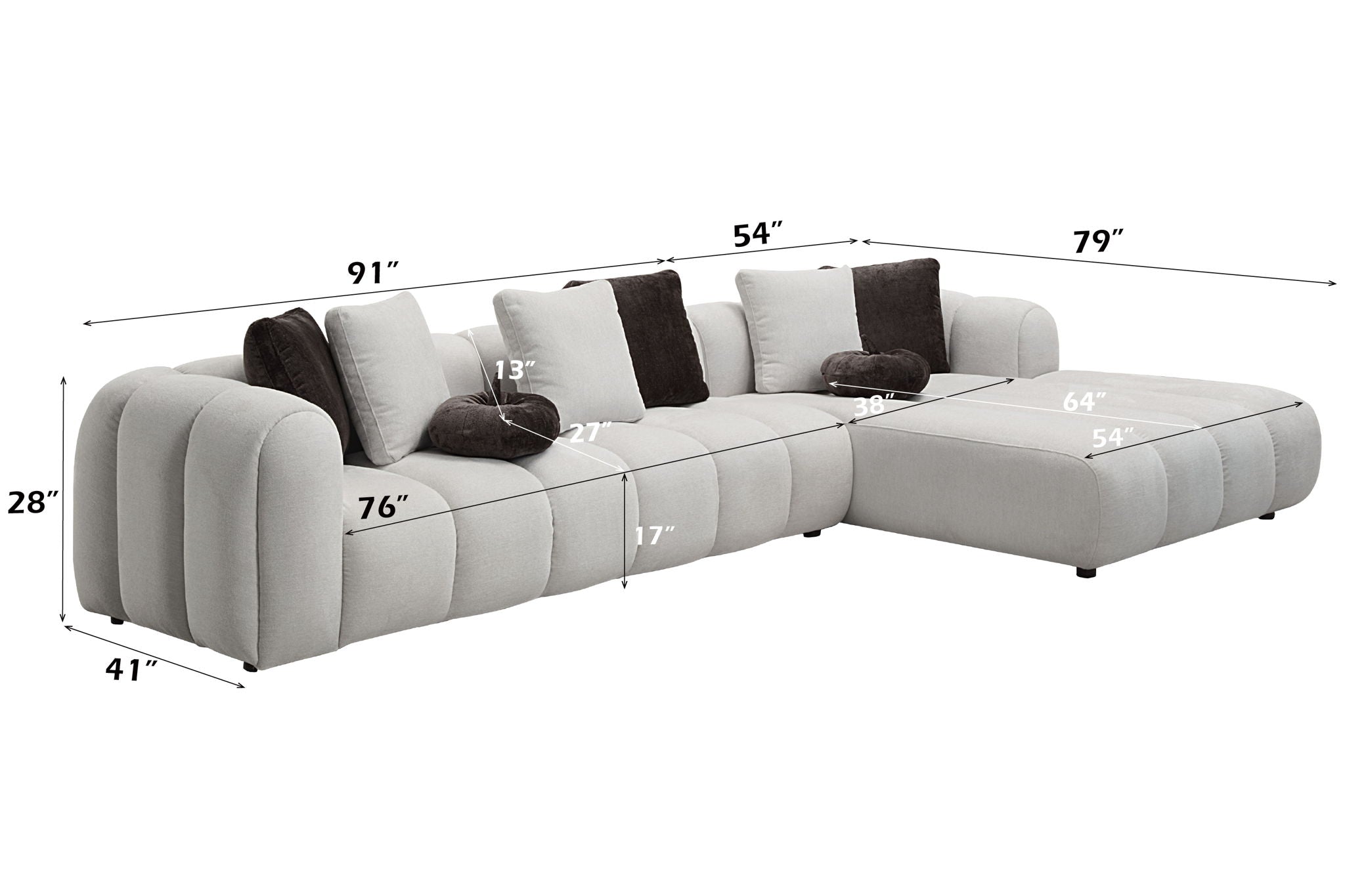 Manilla - Sectional Sofa With 8 Pillows - Ivory White
