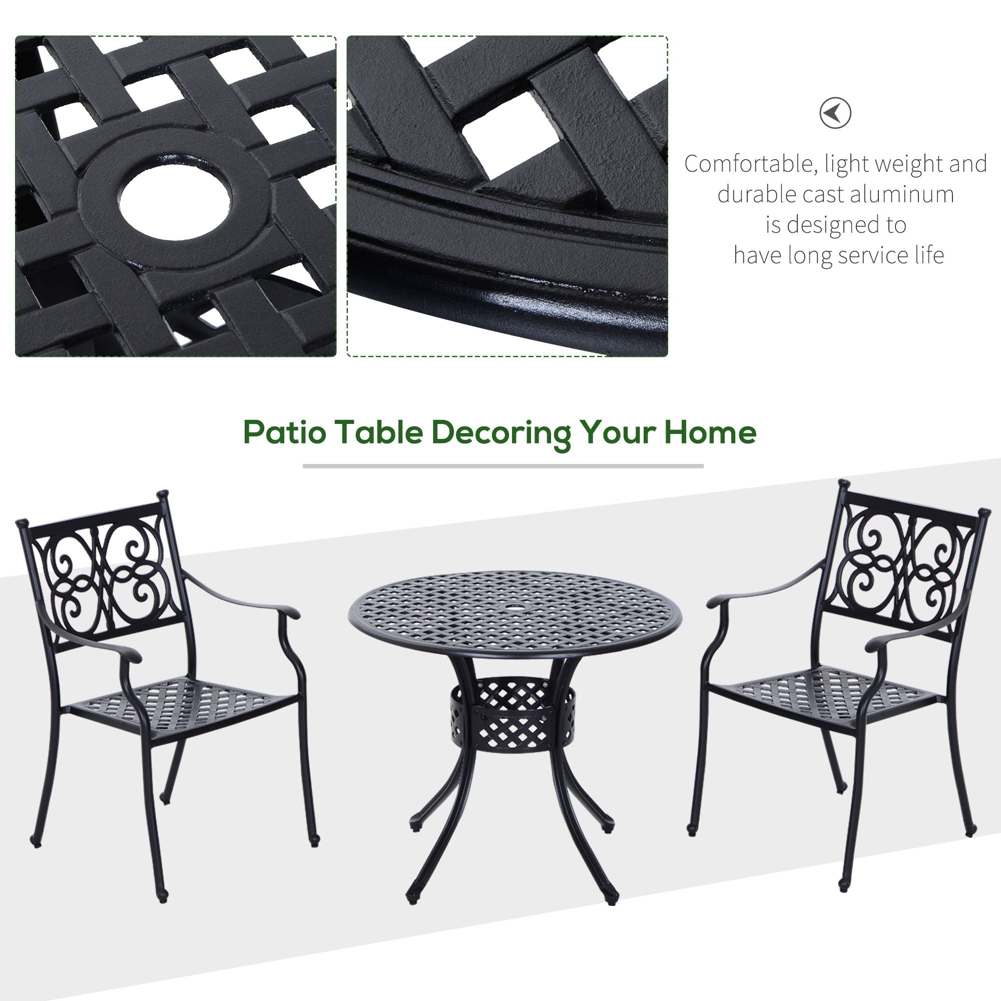 Outsunny - 33" Patio Dining Table Round Cast Aluminium Outdoor Bistro Table With Umbrella Hole - Black