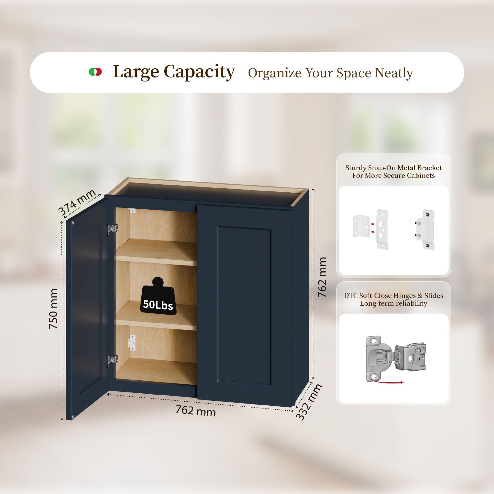 Shaker Wall Cabinet With Soft Close Hinges, Adjustable Shelves, Double Door