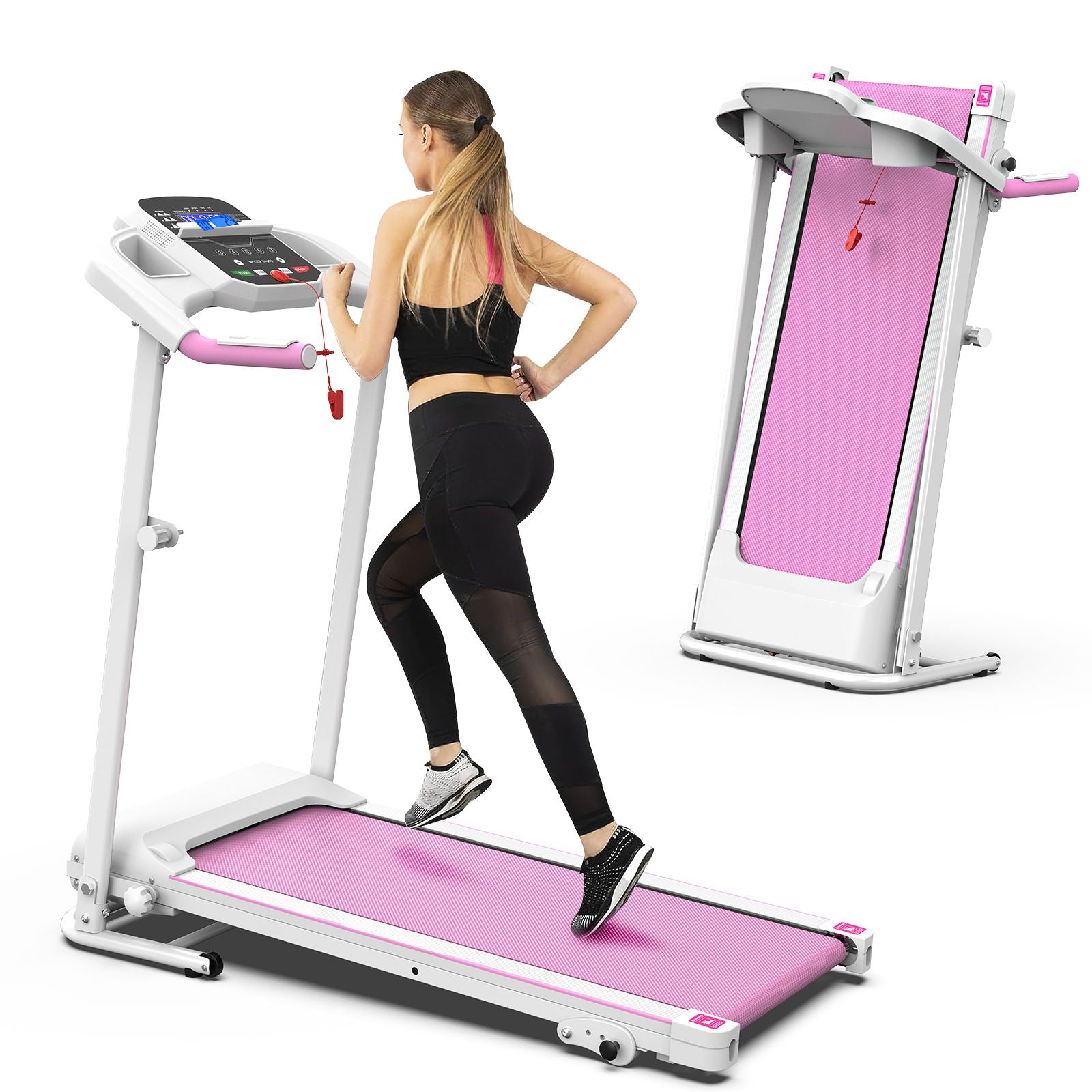 Foldable Treadmill 2.5Hp Electric Folding Treadmill Running Walking Machine For Home Gym, Max 265 Lbs Weight Capacity - Pink / White