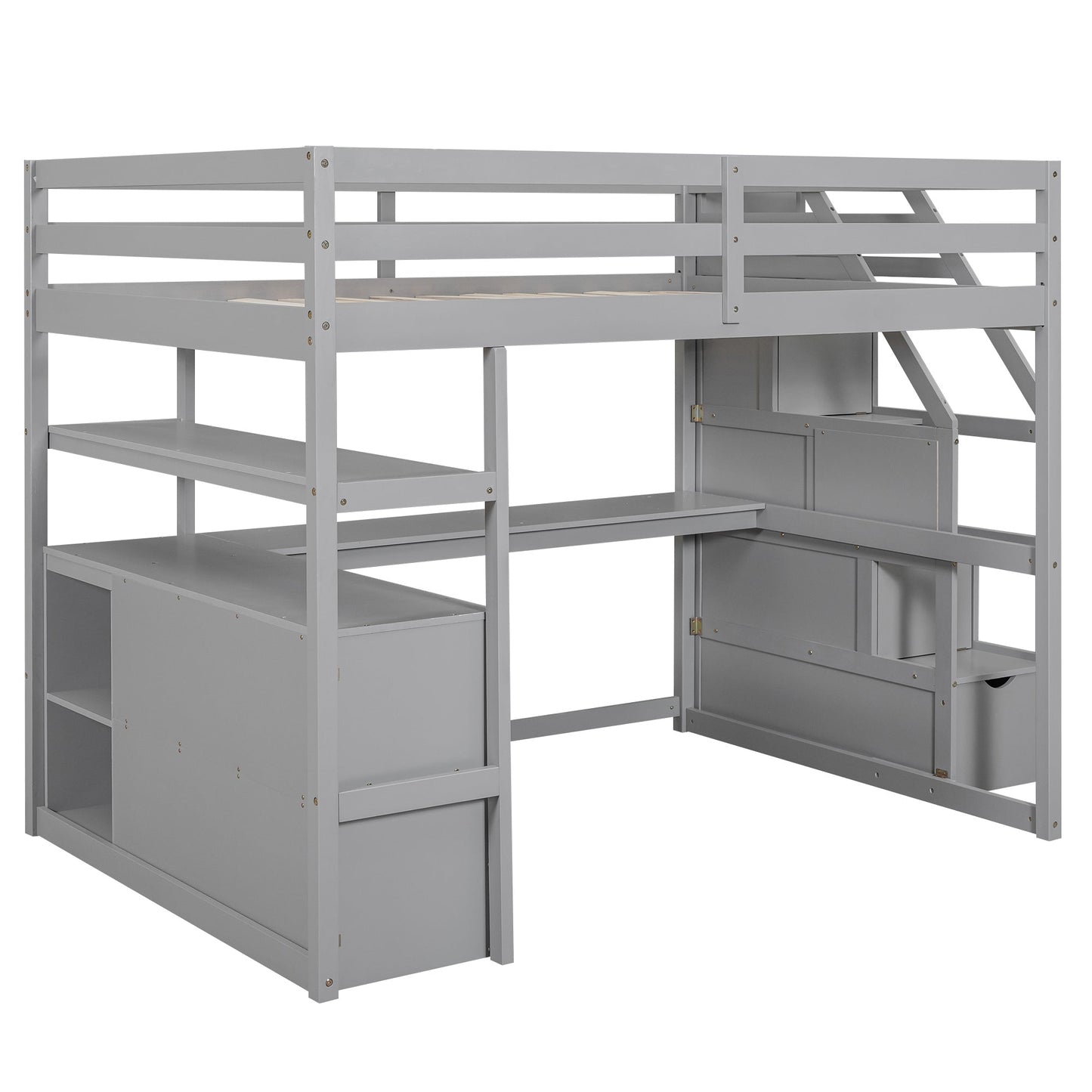 Full Size Loft Bed with Desk and Shelves, Two Built-in Drawers, Storage Staircase, Gray