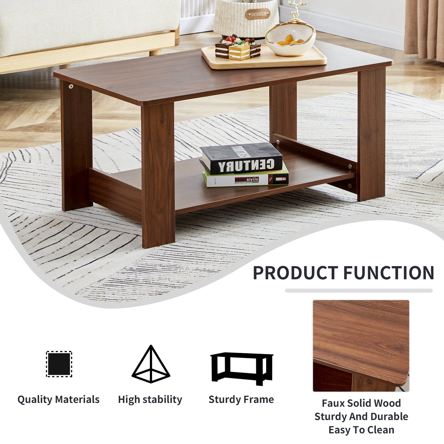 Modern minimalist walnut colored double layered rectangular coffee table ,tea table.MDF material is more durable,Suitable for living room, bedroom, and study room.19.6"*35.4"*16.5"  CT-16