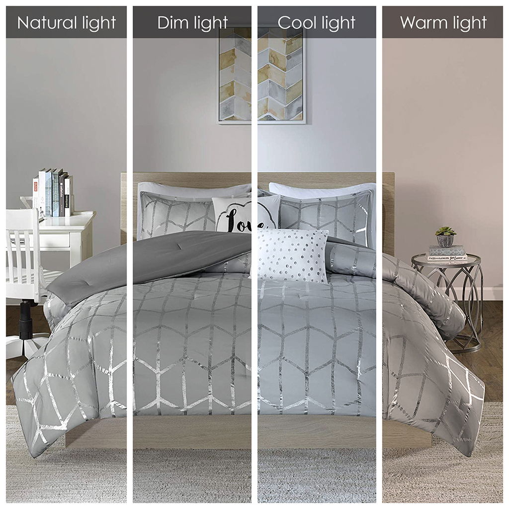 Raina - Twin Metallic Printed Duvet Cover Set - Gray / Silver