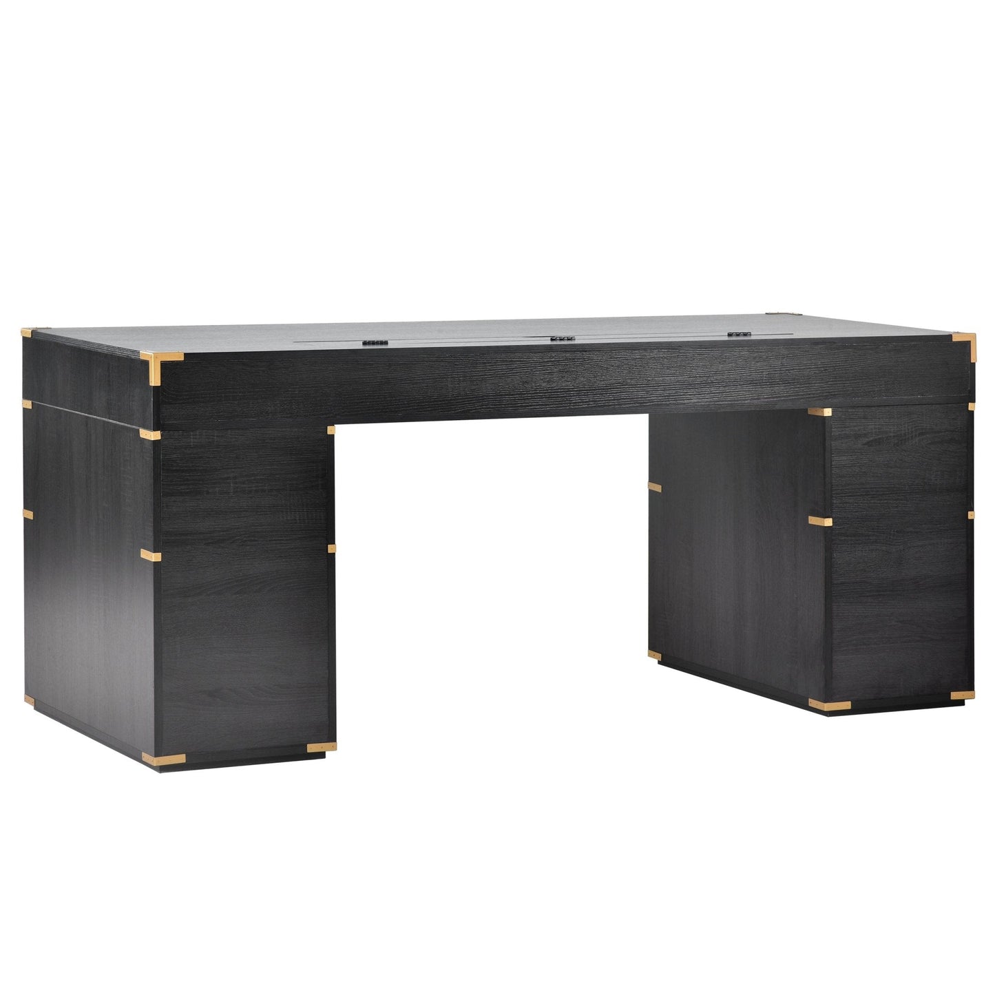70"Classic and Traditional Executive Desk with Metal Edge Trim ,Writing Desk with 2 file drawers,USB Ports and Outlets,Desk with Hidden Compartment for Living Room,Home Office,Study Room,Black