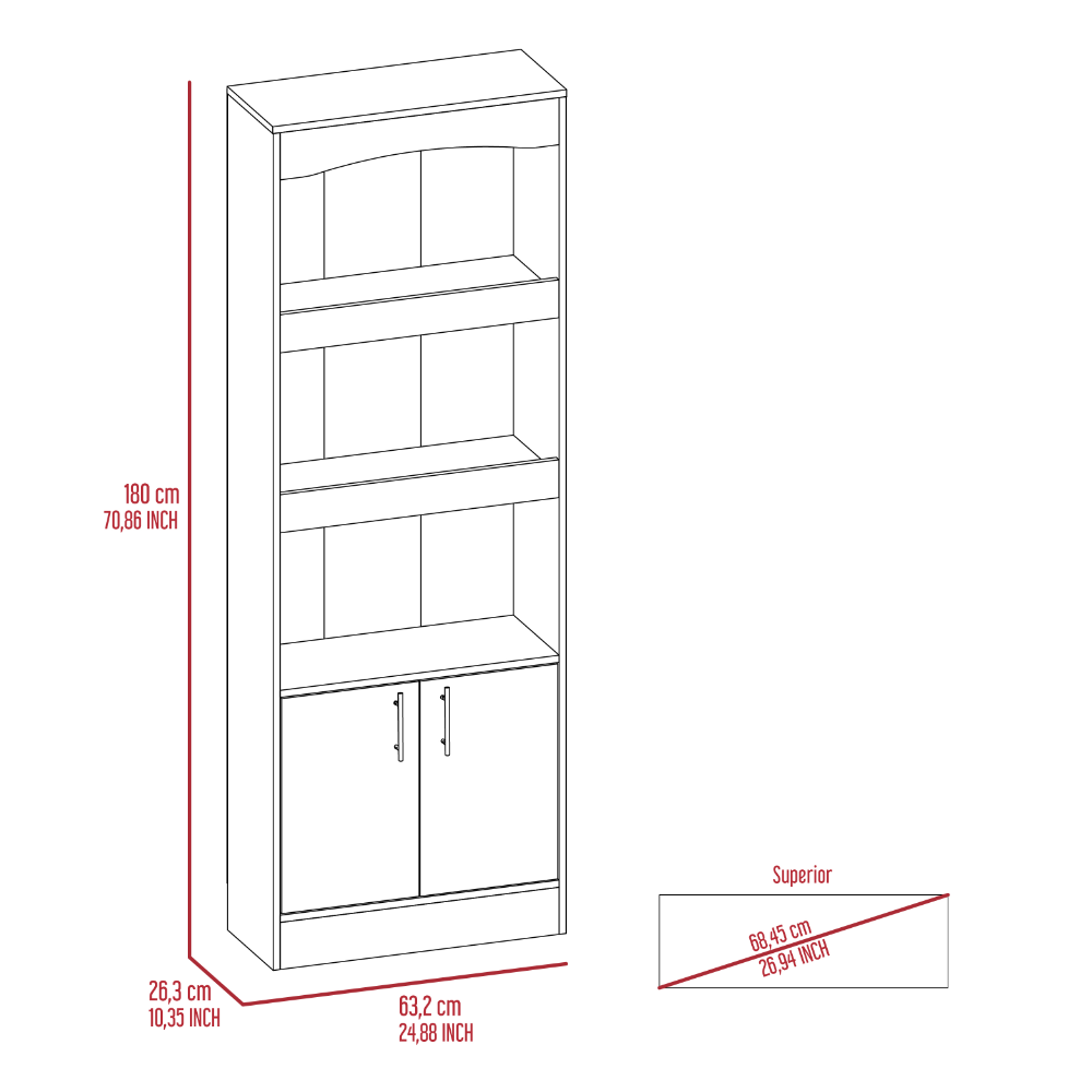 DEPOT E-SHOP Dozza Bookcase, Three Shelves, Double Door Cabinet, Metal Hardware, Light Gray