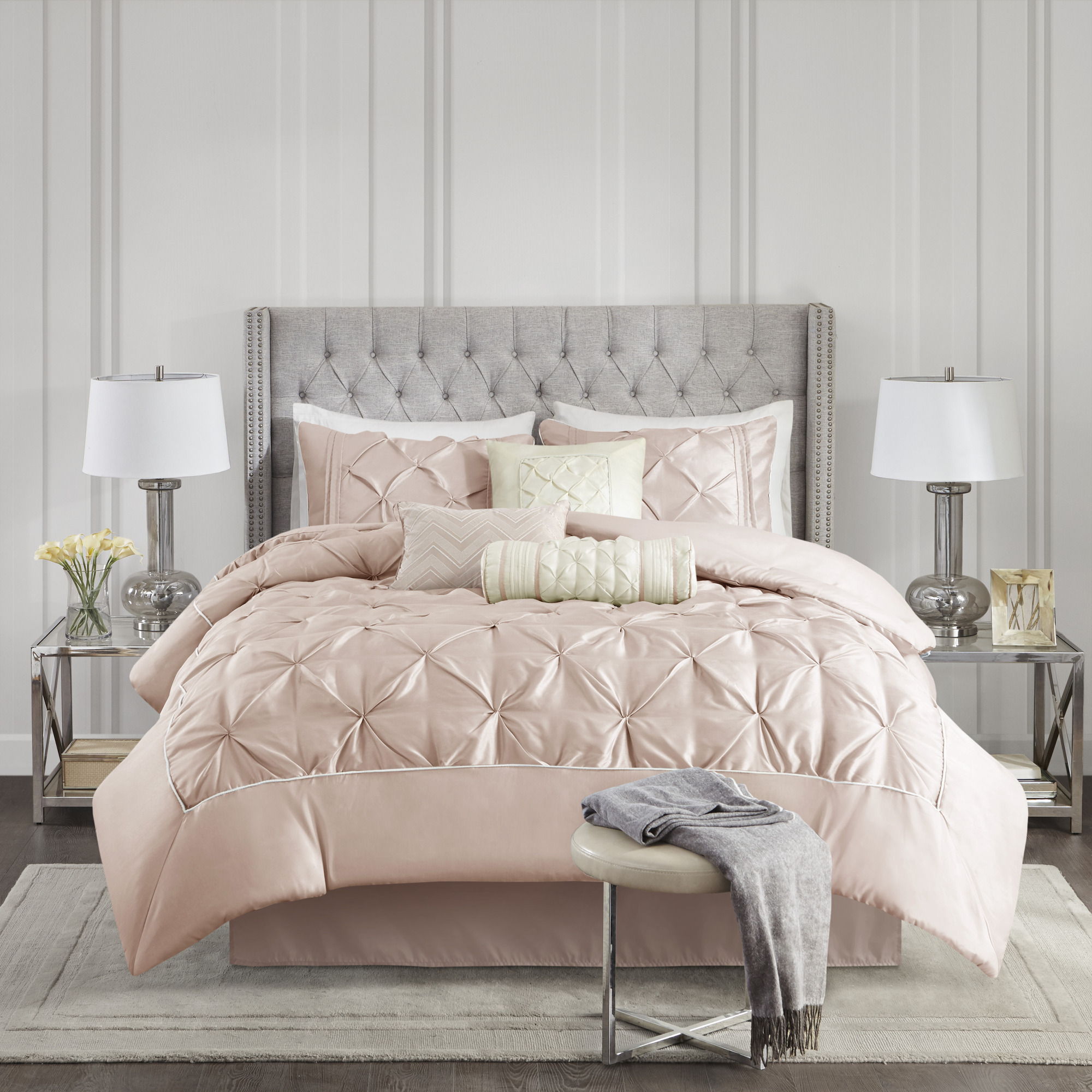 Laurel - Pieced Pleated 7 Piece Tufted Comforter Set Full - Blush