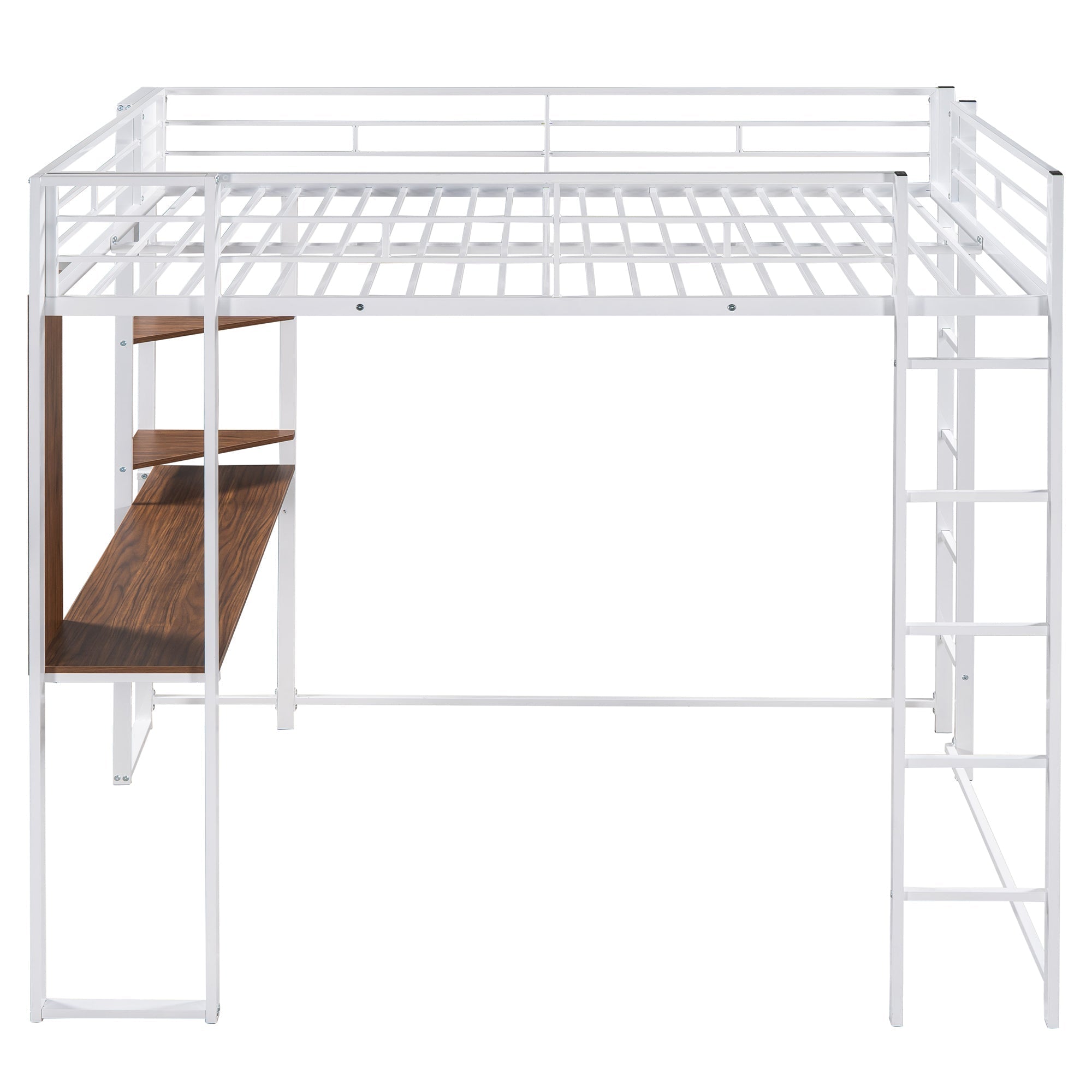 Full Size Metal Loft Bed with 2 Shelves and one Desk ,White (Old SKU: LP000191AAK )