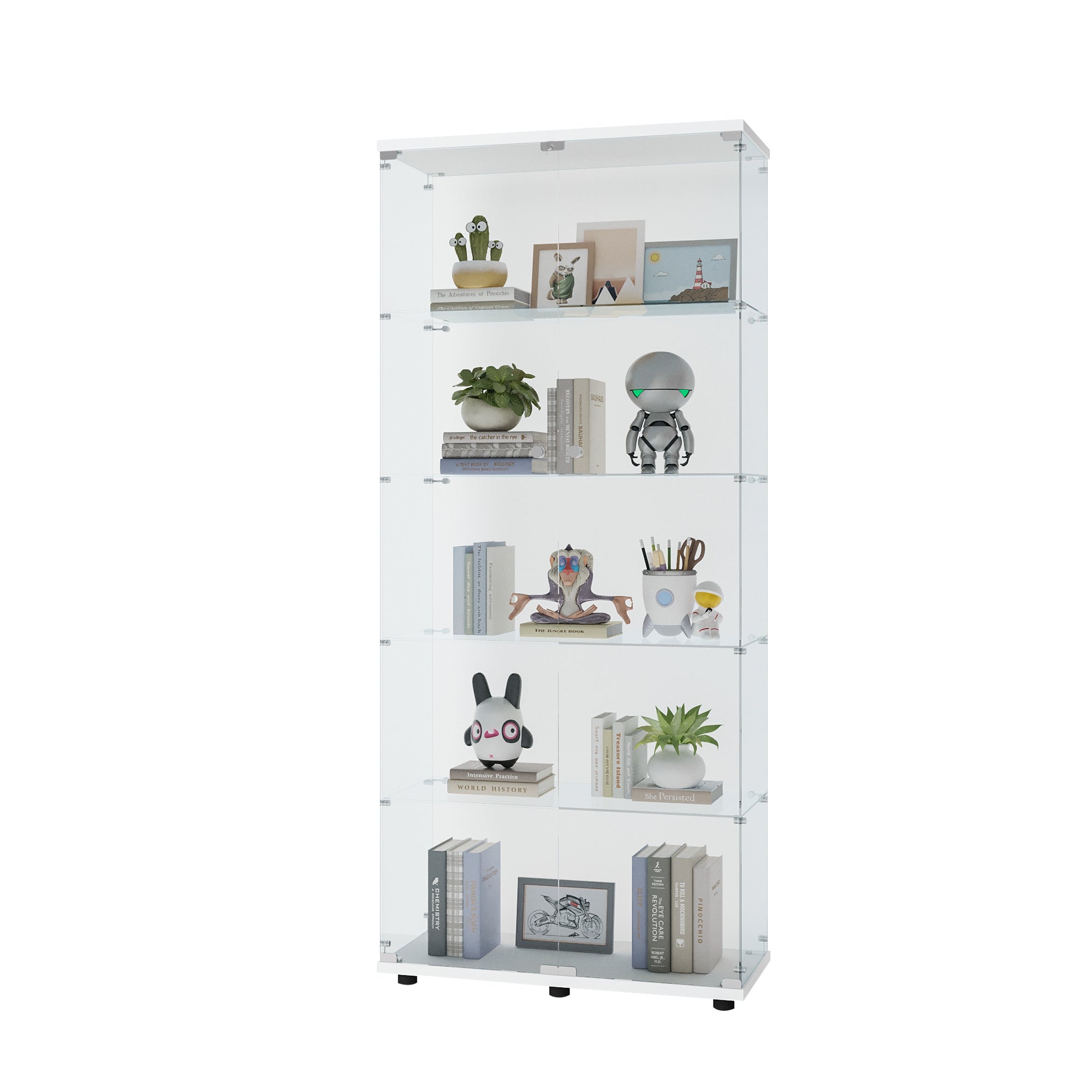 Glass Display Cabinet with 5 Shelves Double Door, Curio Cabinets for Living Room, Bedroom, Office, White Floor Standing Glass Bookshelf, Quick Installation