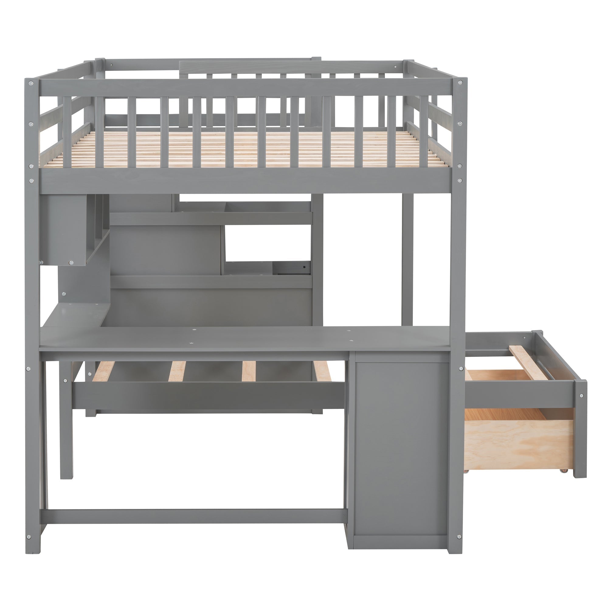 Full Over Twin Bunk Bed with Desk, Drawers and Shelves, Gray