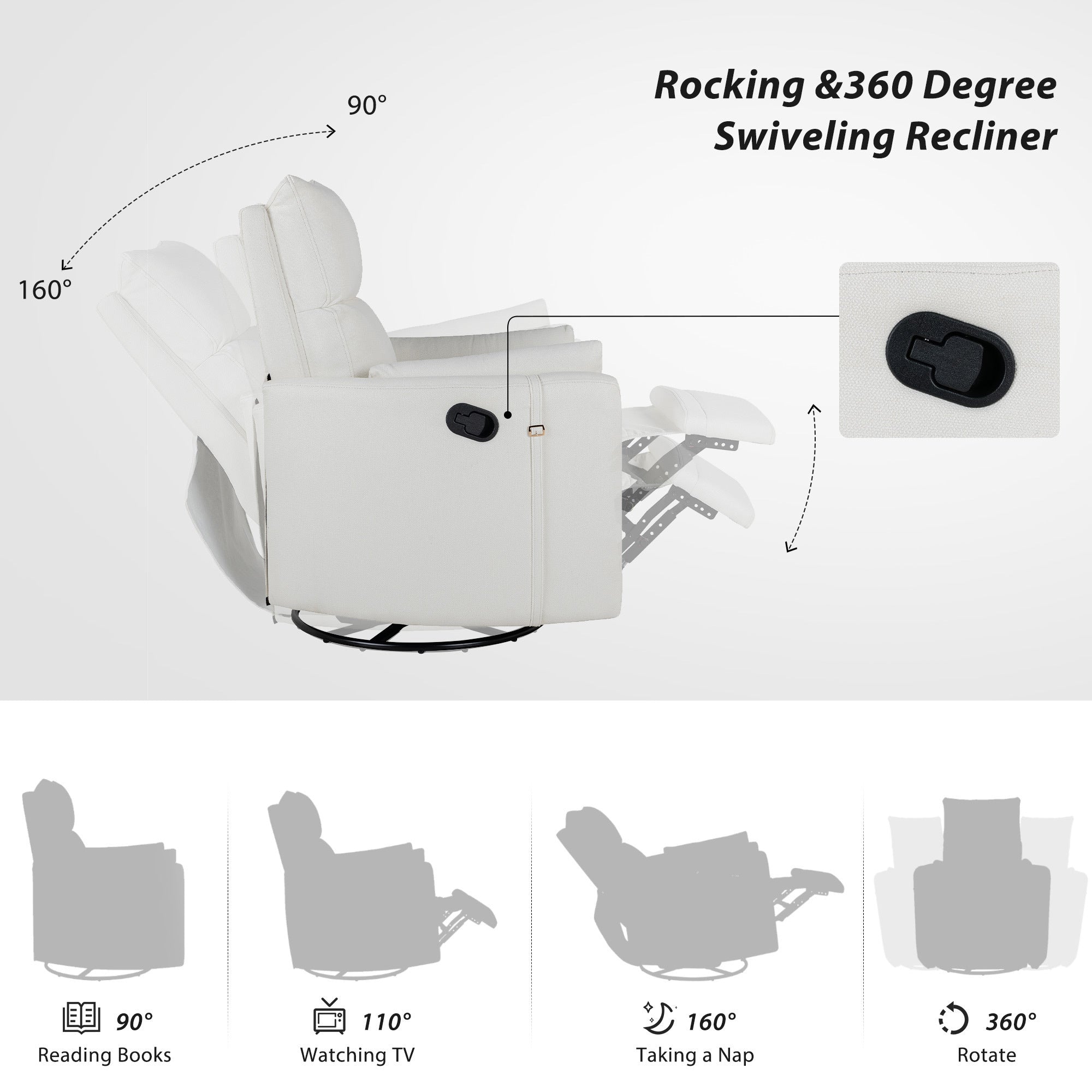 360 Degree Swivel Recliner Theater Recliner Manual Rocker Recliner Chair with Two Removable Pillows for Living Room, Beige