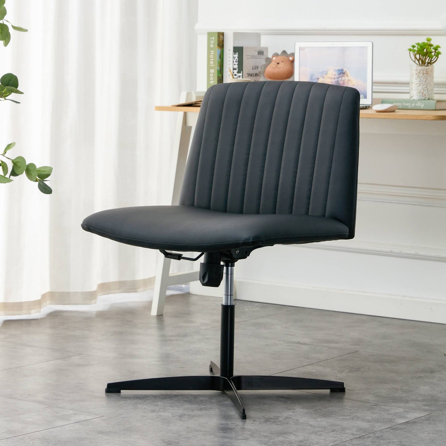 Black High Grade Pu Material. Home Computer Chair Office Chair Adjustable 360 ° Swivel Cushion Chair With Black Foot Swivel Chair Makeup Chair Study Desk Chair. No Wheels 
   W1151110975