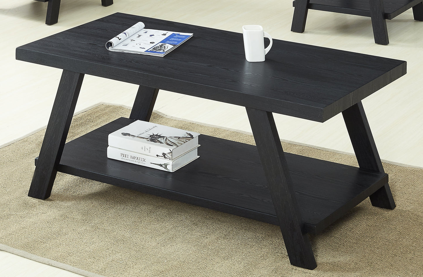 Athens Contemporary Replicated Wood Shelf Coffee Table in Black Finish