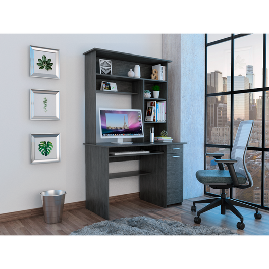 Compu 180 Hutch Desk, Multiple Shelves, Retractable Keyboard Tray, CPU Door Panel, One Drawer, Grey Oak -Smokey Oak