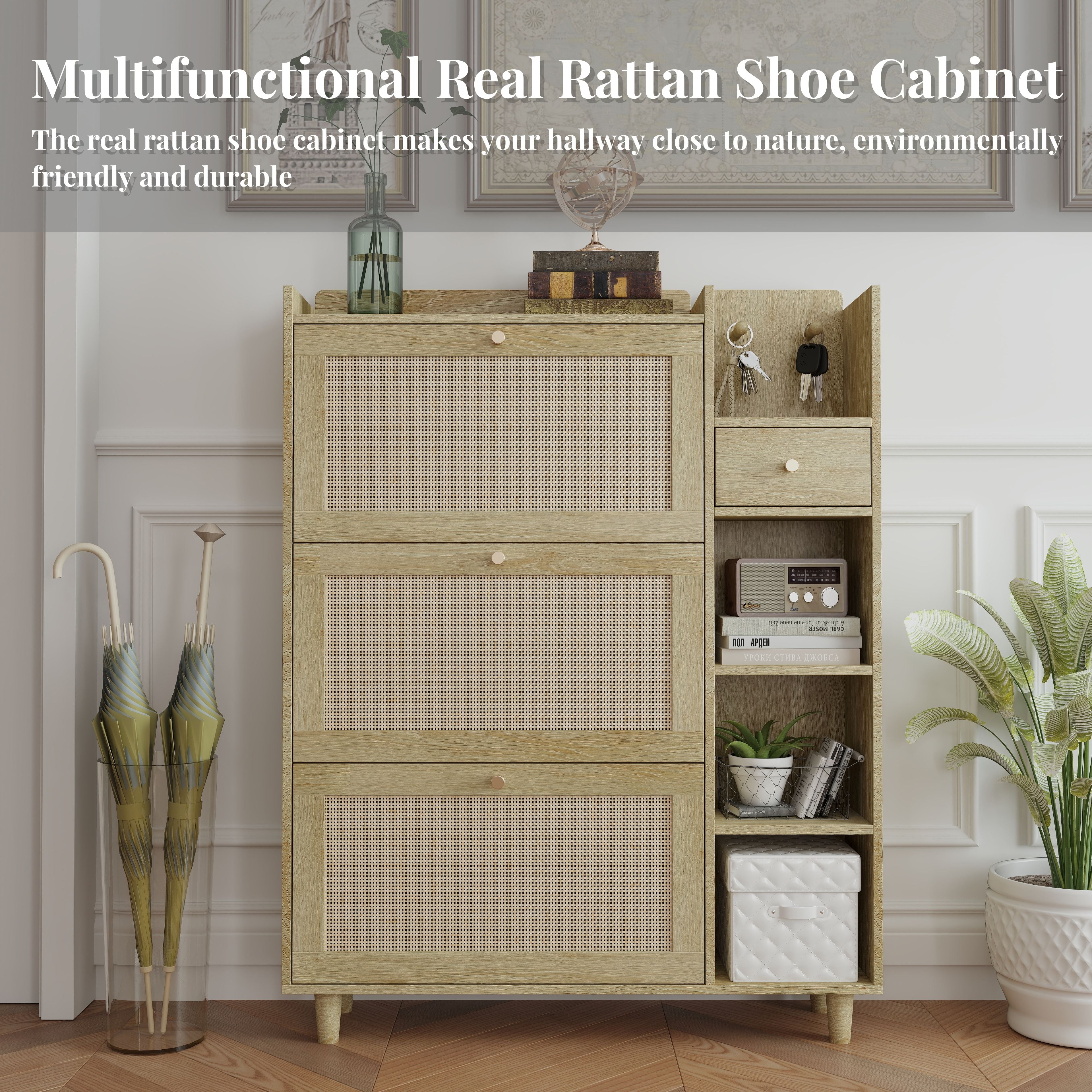 Natural Bohemia Style Shoe Cabinet, Shoe Rack Cabinet With 3 Rattan Flip Drawers, 3 Square Shelves And 1 Storage Drawer, Shoe Organizer With Mulit Storage Space And Hooks For Hallway, Entryway