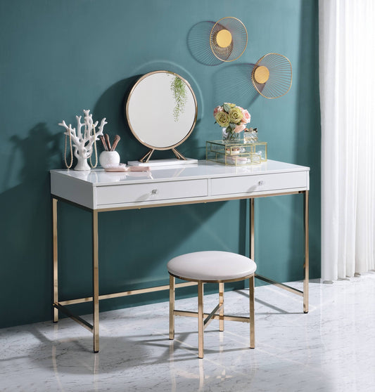 ACME Ottey Vanity Desk  in White High Gloss & Gold Finish AC00899