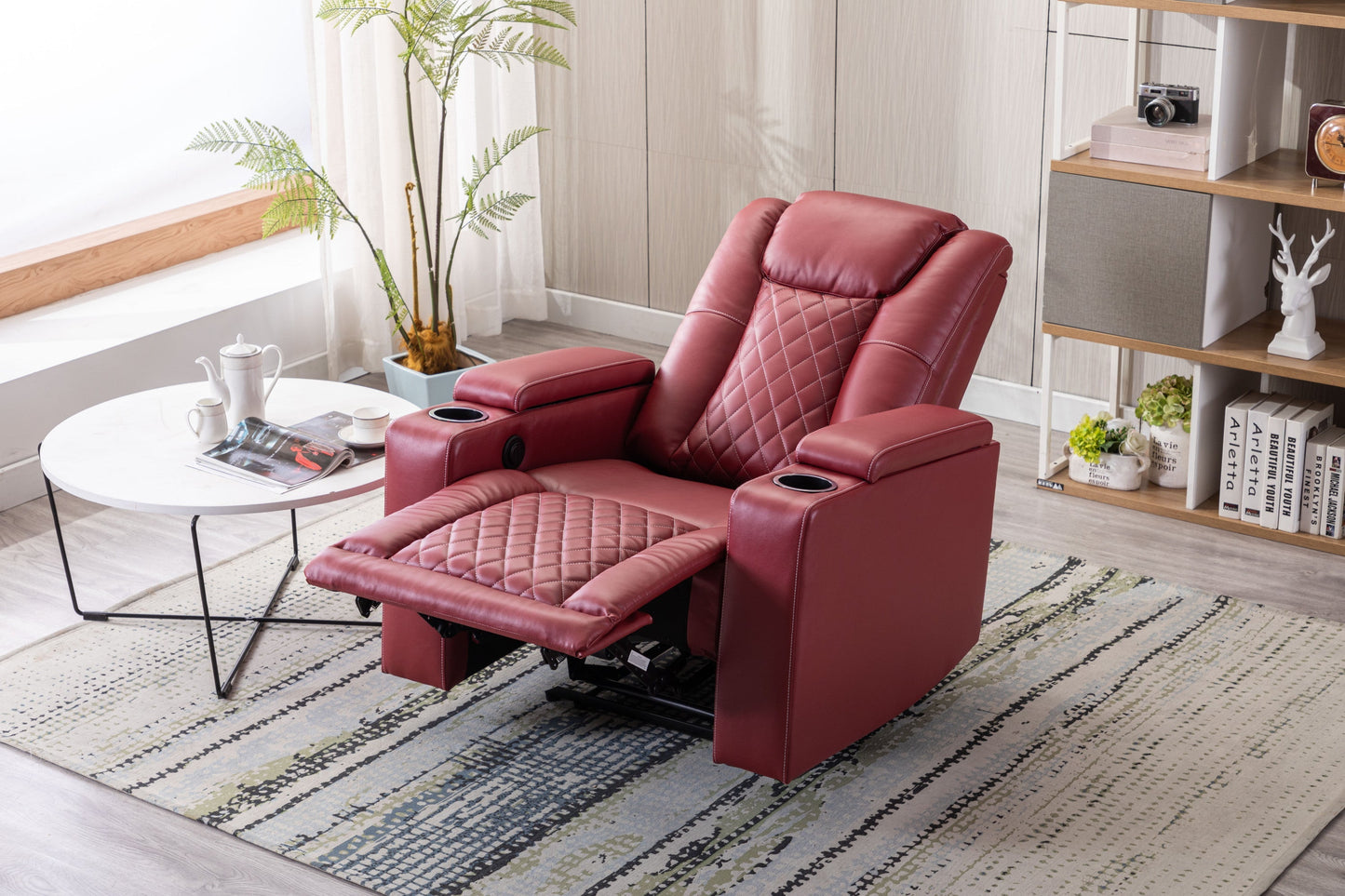 PU Material With Cup Hold Storage USB Recliner,Red