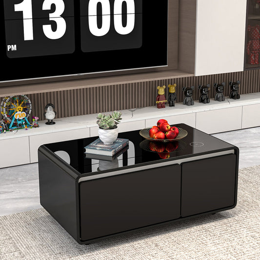 Modern Smart Coffee Table with Built-in Fridge, Wireless Charging, Power Socket, USB Interface, Outlet Protection, Mechanical Temperature Control and Ice Water Interface, Black