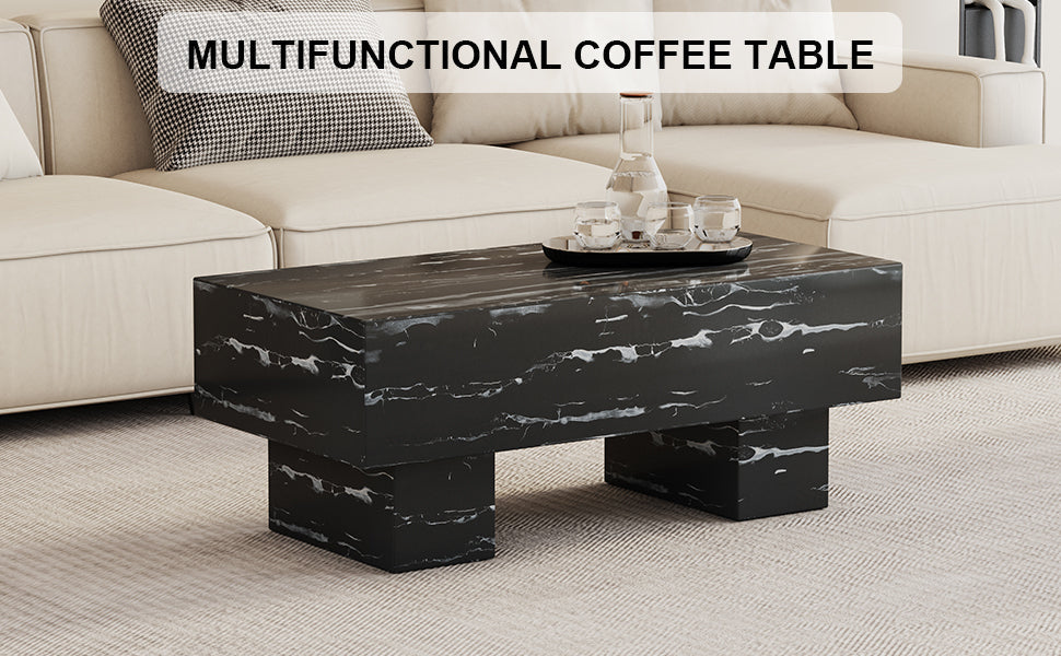 The black coffee table has patterns. Modern rectangular table, suitable for living rooms and apartments. 43.3"*21.6"*17.2"