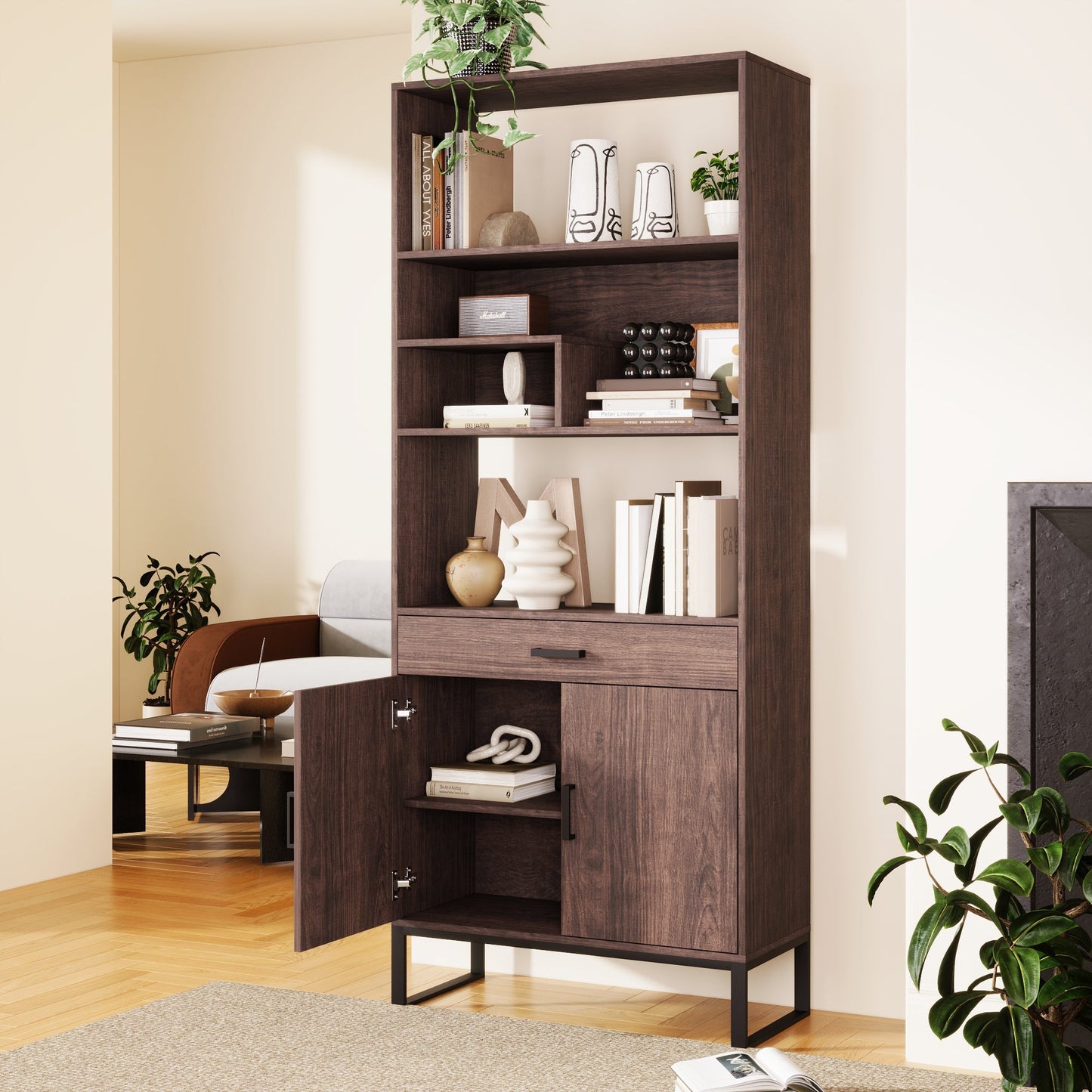 75.9"Modern Open Bookshelf Suite with Doors, Bookcase Suite with Storage drawers and LED Strip Lights,Free Standing Display Rack,Wooden Tall Bookshelf Suite for Living Room and Office, Walnut