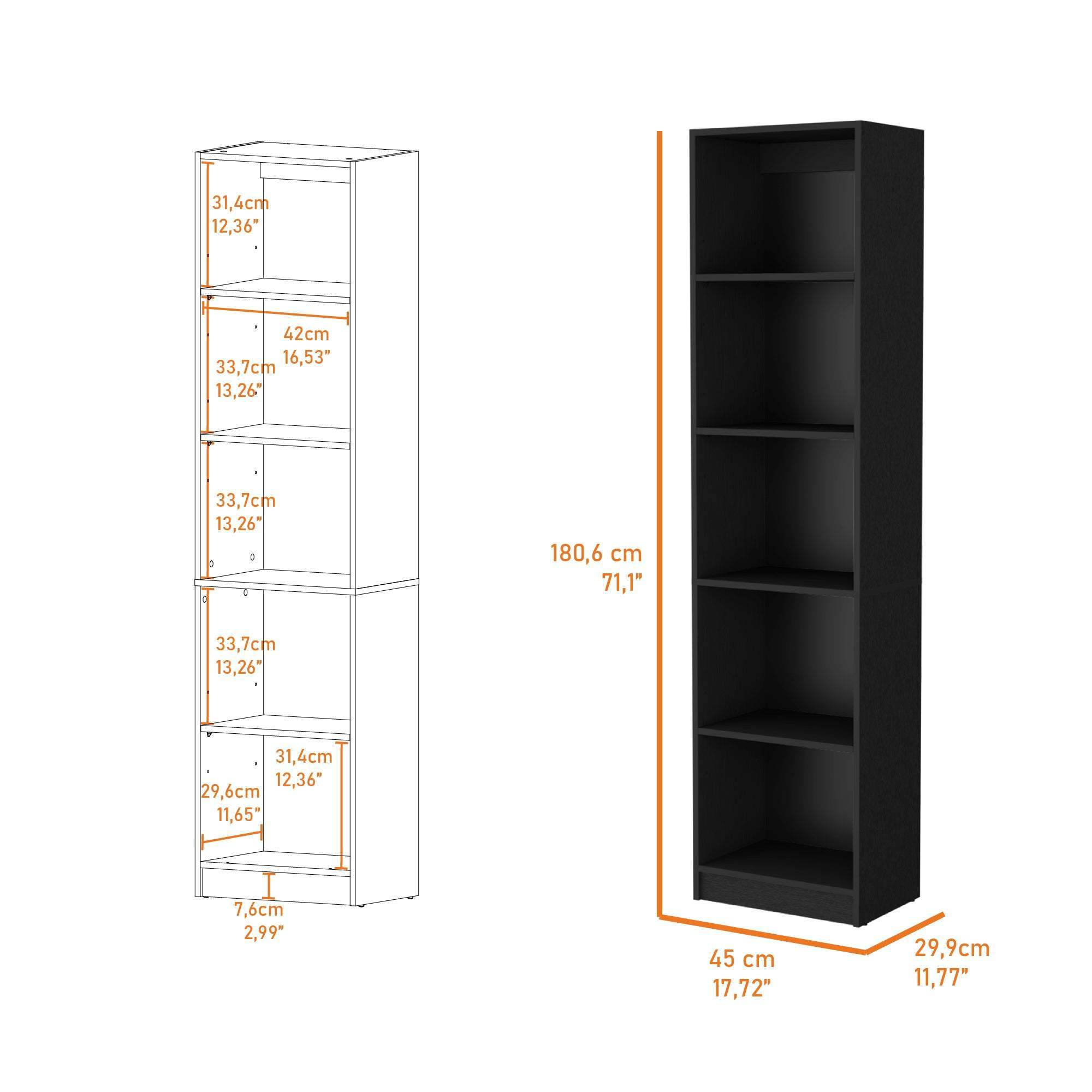 Zachary Black 5-Shelf Slim Bookcase