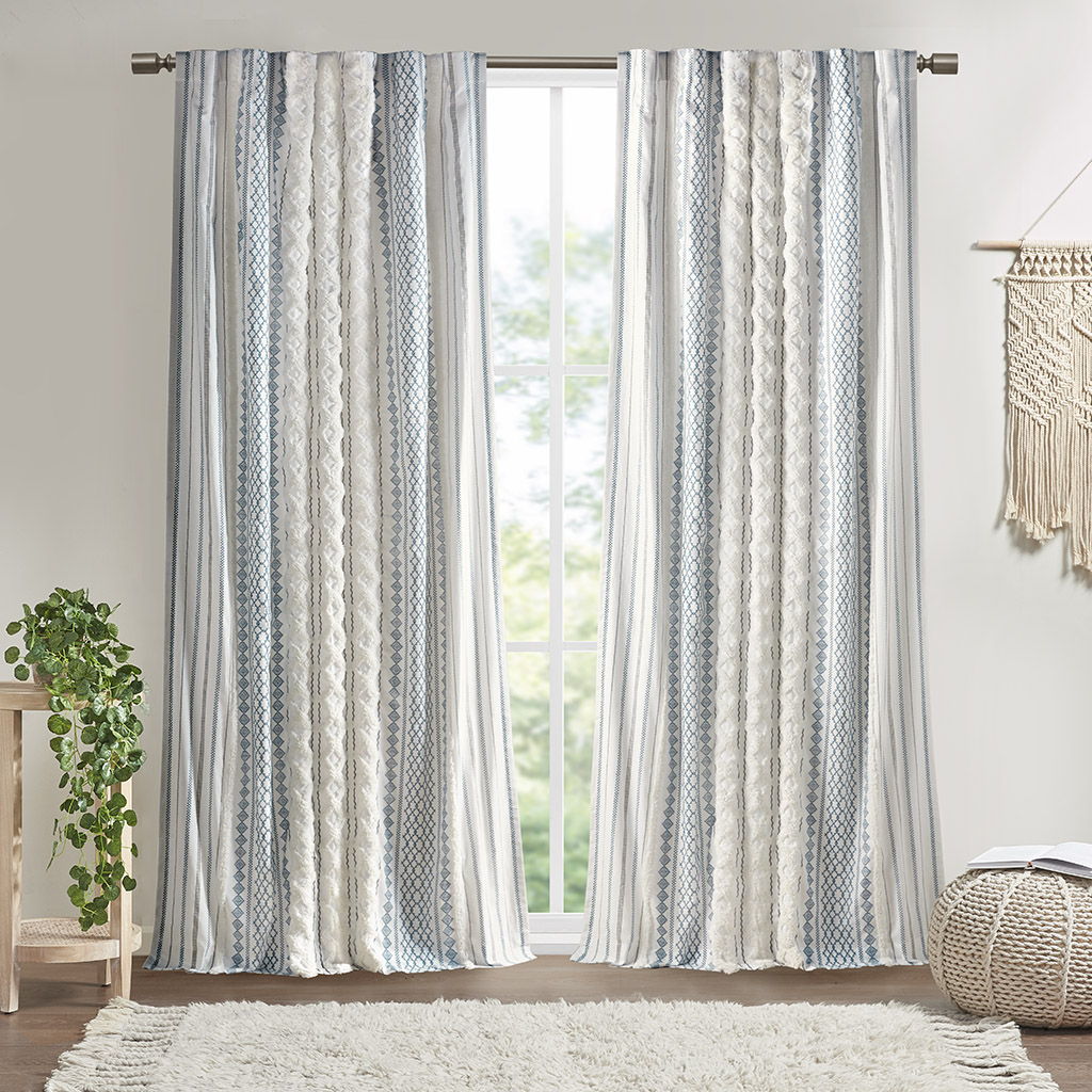 Imani - 50x108" Printed Curtain Panel With Stripe And Lining - White / Navy