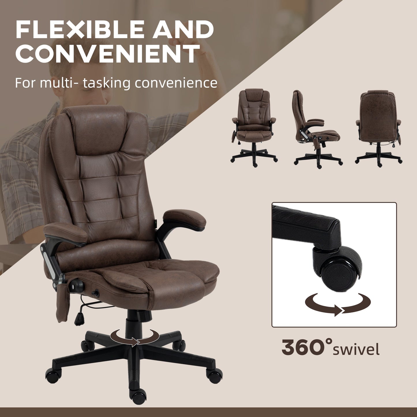 HOMCOM 6 Point Vibrating Massage Office Chair with Heat, Microfiber High Back Executive Office Chair with Reclining Backrest, Padded Armrests and Remote, Coffee