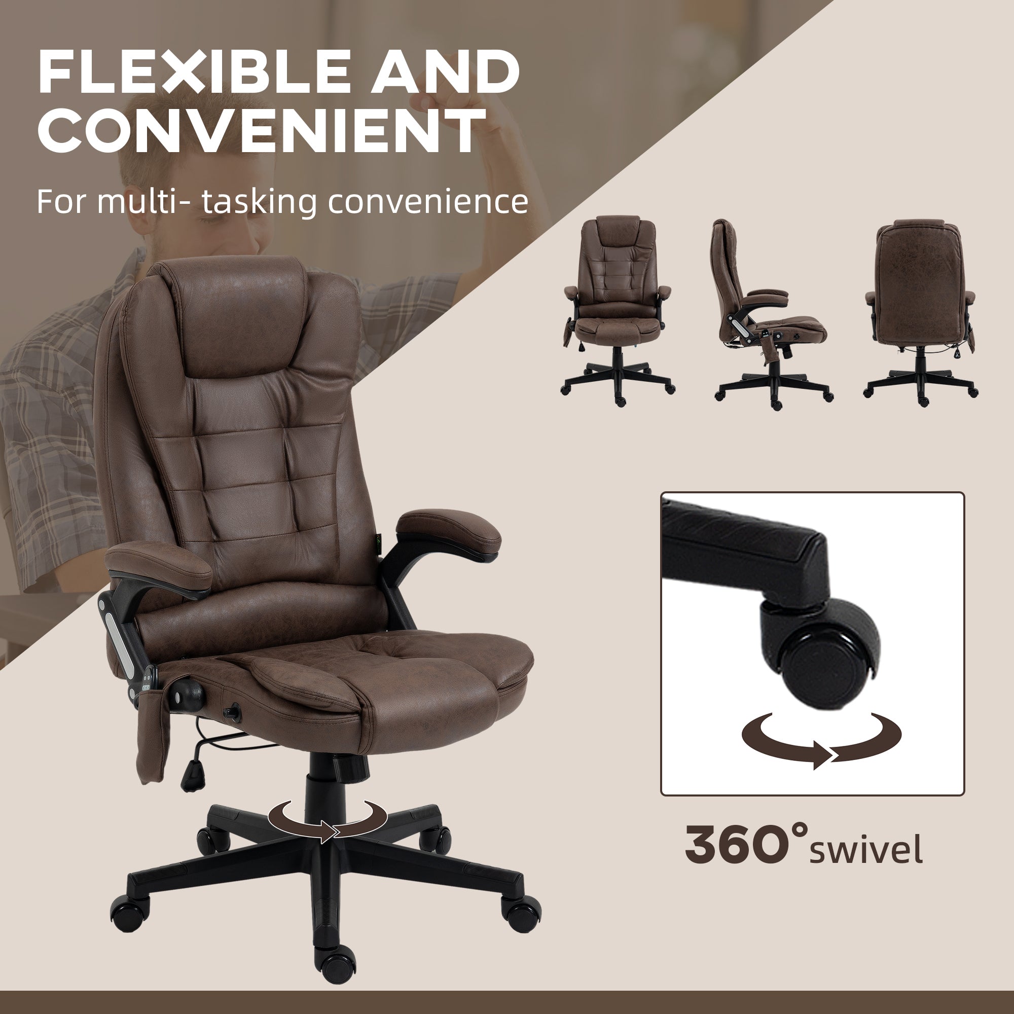 HOMCOM 6 Point Vibrating Massage Office Chair with Heat, Microfiber High Back Executive Office Chair with Reclining Backrest, Padded Armrests and Remote, Coffee