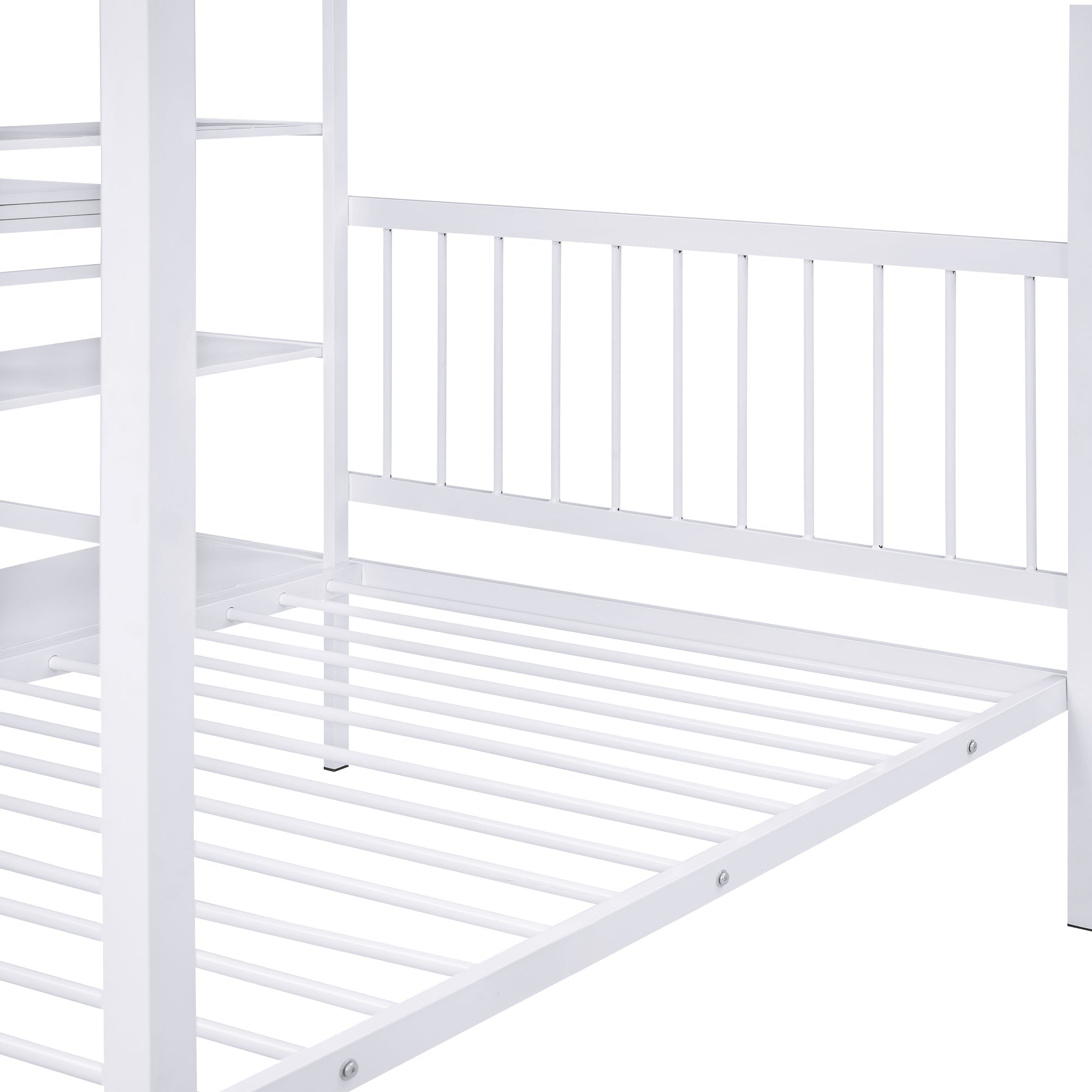 Full Over Twin Metal Bunk Bed with Built-in Desk, Shelves and Ladder, White