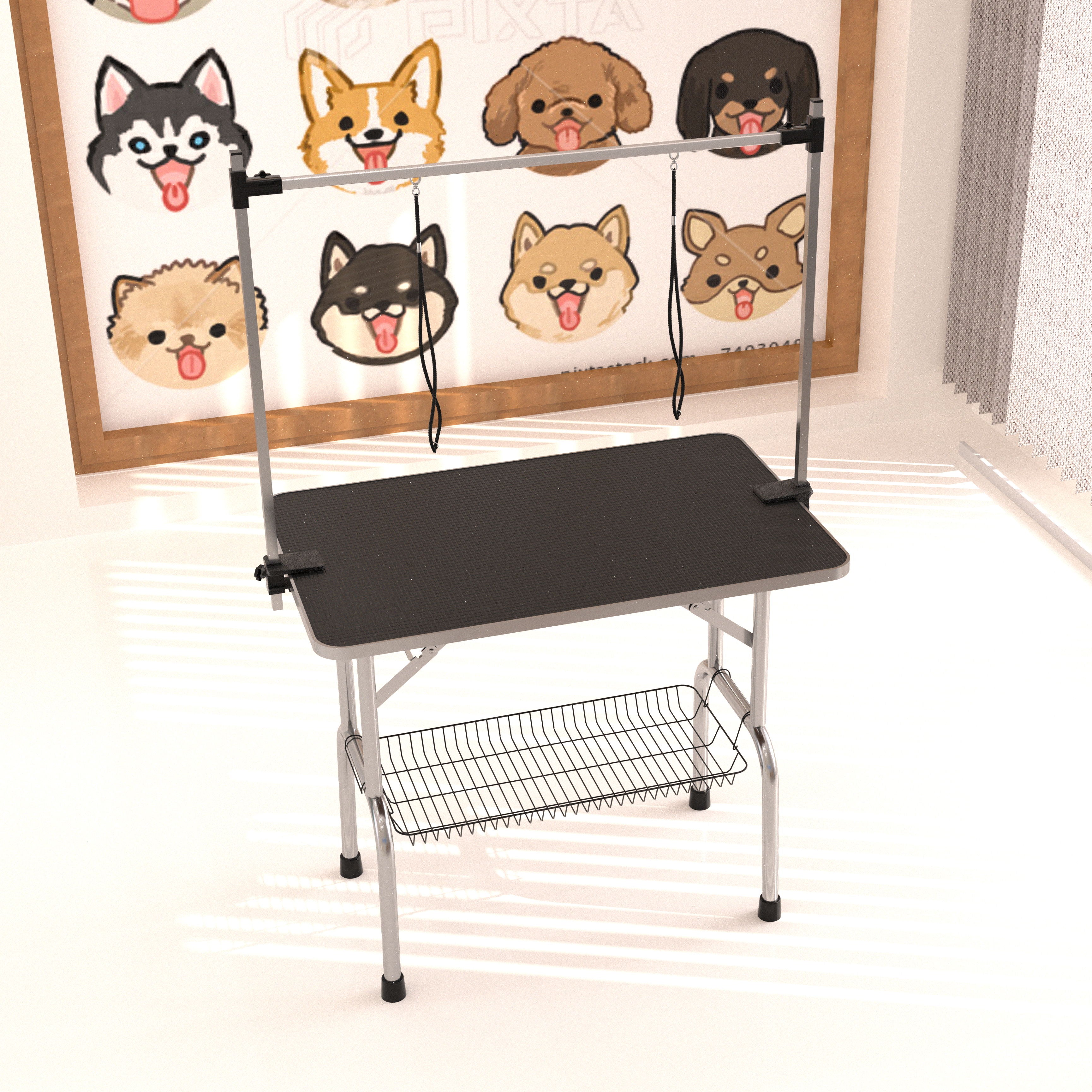 Professional Dog Pet Grooming Table Adjustable Heavy Duty Portable With Arm & Noose & Mesh Tray - Black