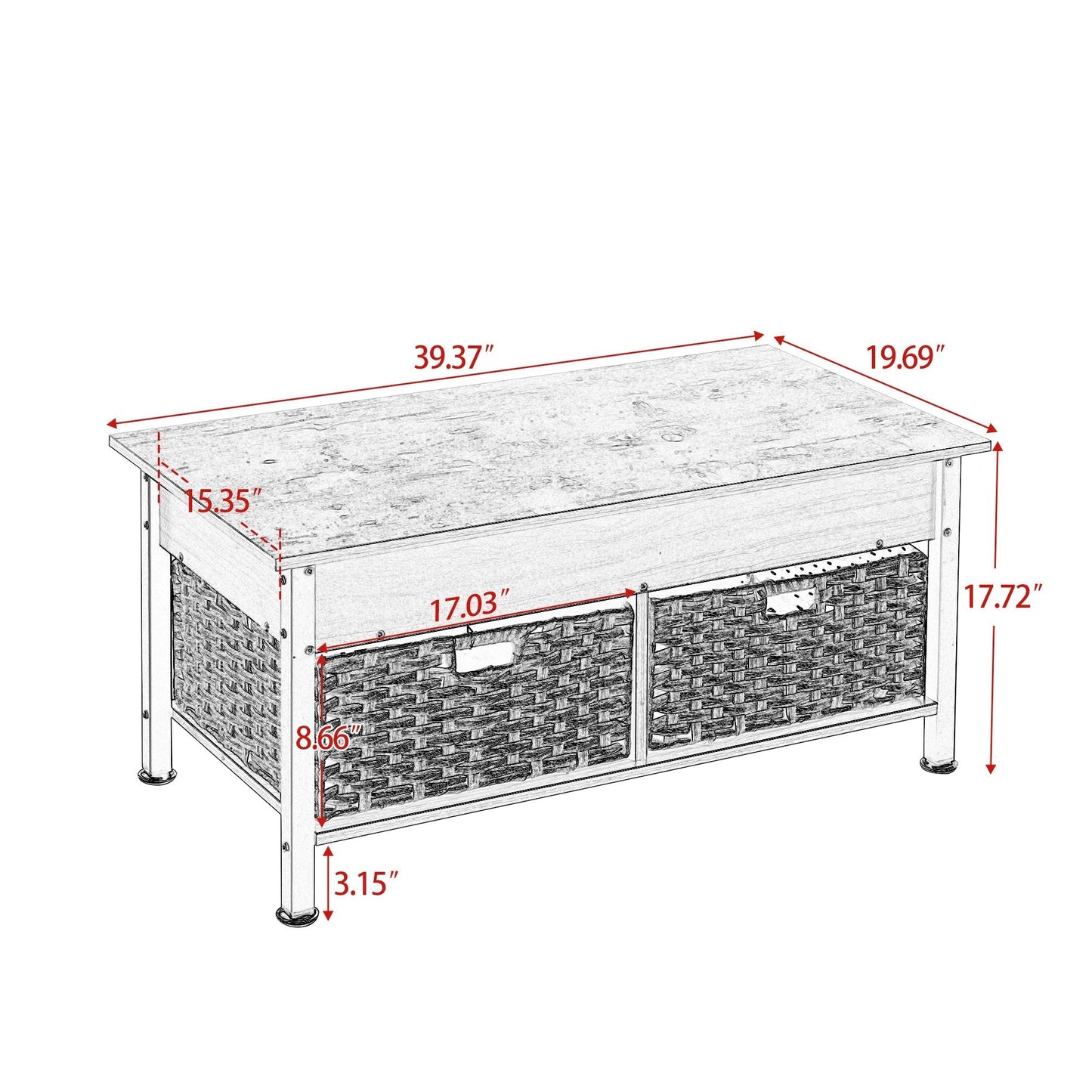 Metal coffee table,desk,with a lifting table,and hidden storage space.There were two removable wicker baskets that could be placed in any space such as the living room,color:brownwith solid wood grain