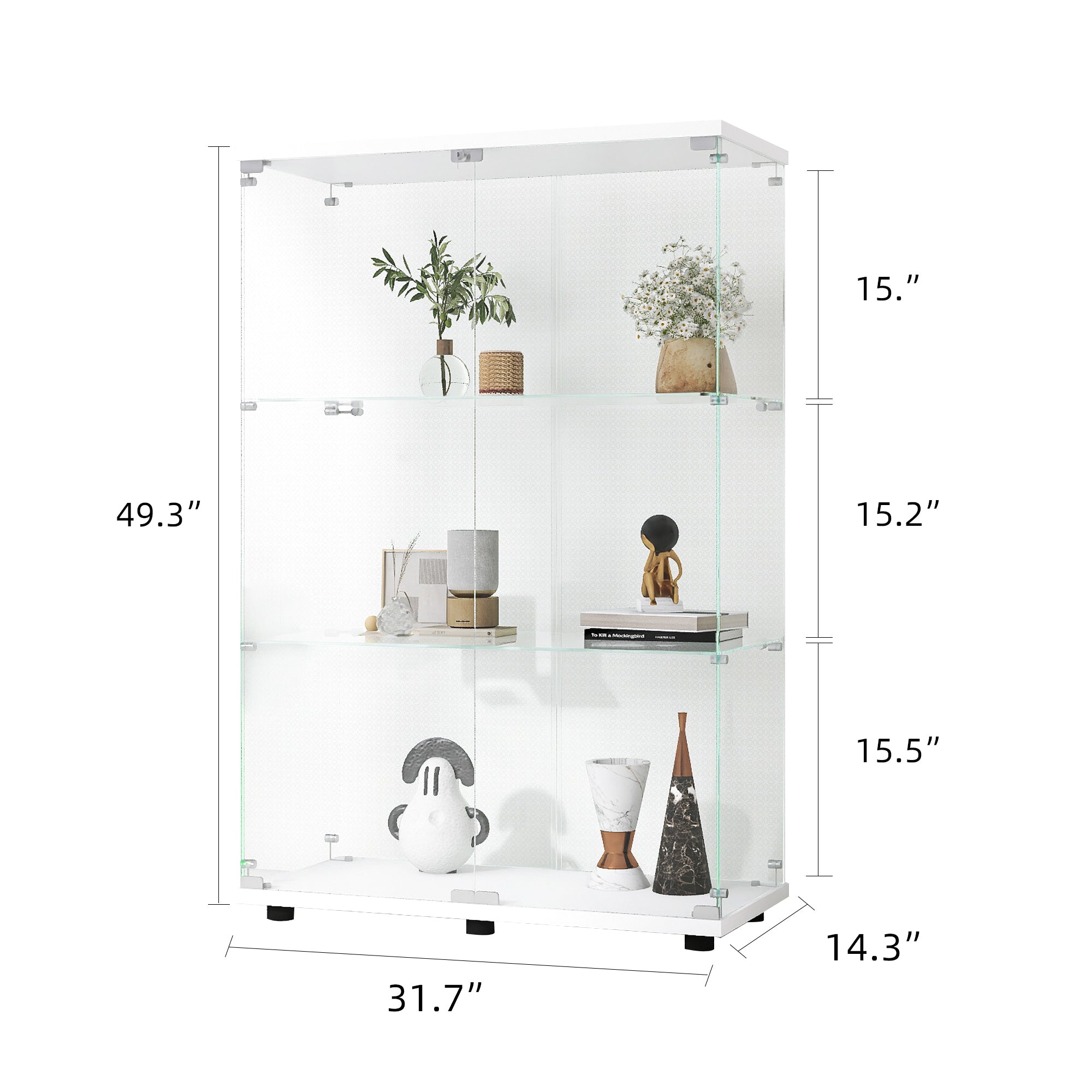 Two-door Glass Display Cabinet 3 Shelves with Door, Floor Standing Curio Bookshelf for Living Room Bedroom Office, 49.3"*31.7"*14.3", White