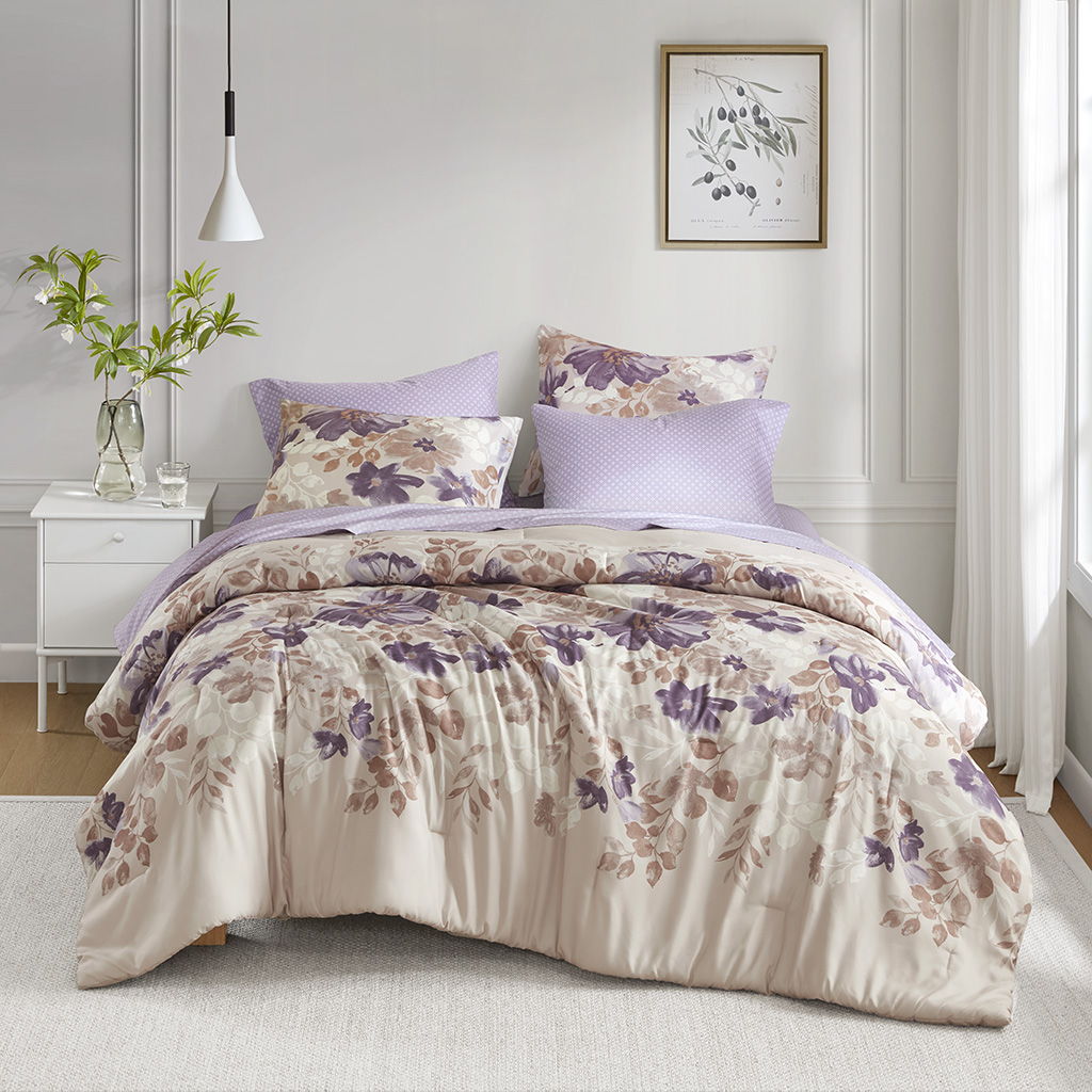 Luna - 7 Piece California King Floral Comforter Set With Bed Sheets - Taupe