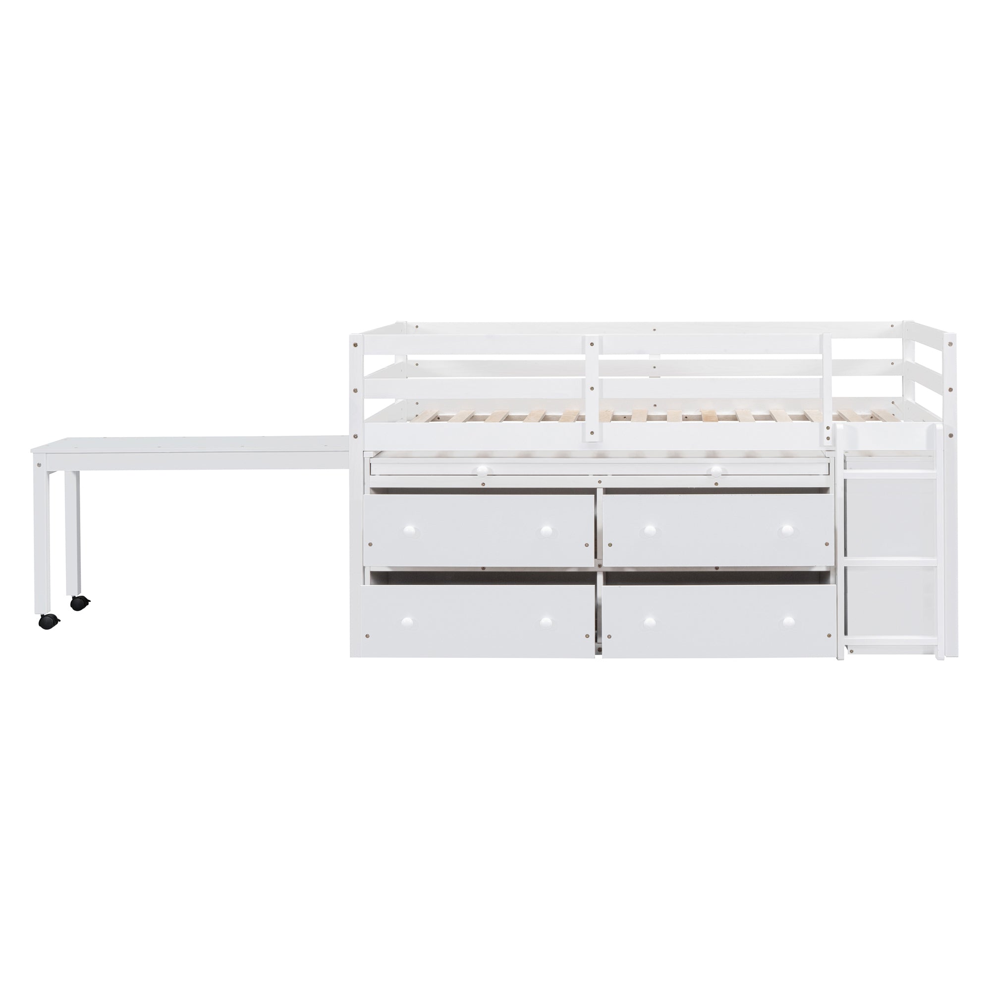 Twin Size Loft Bed with Retractable Writing Desk and 4 Drawers, Wooden Loft Bed with Lateral Portable Desk and Shelves, White