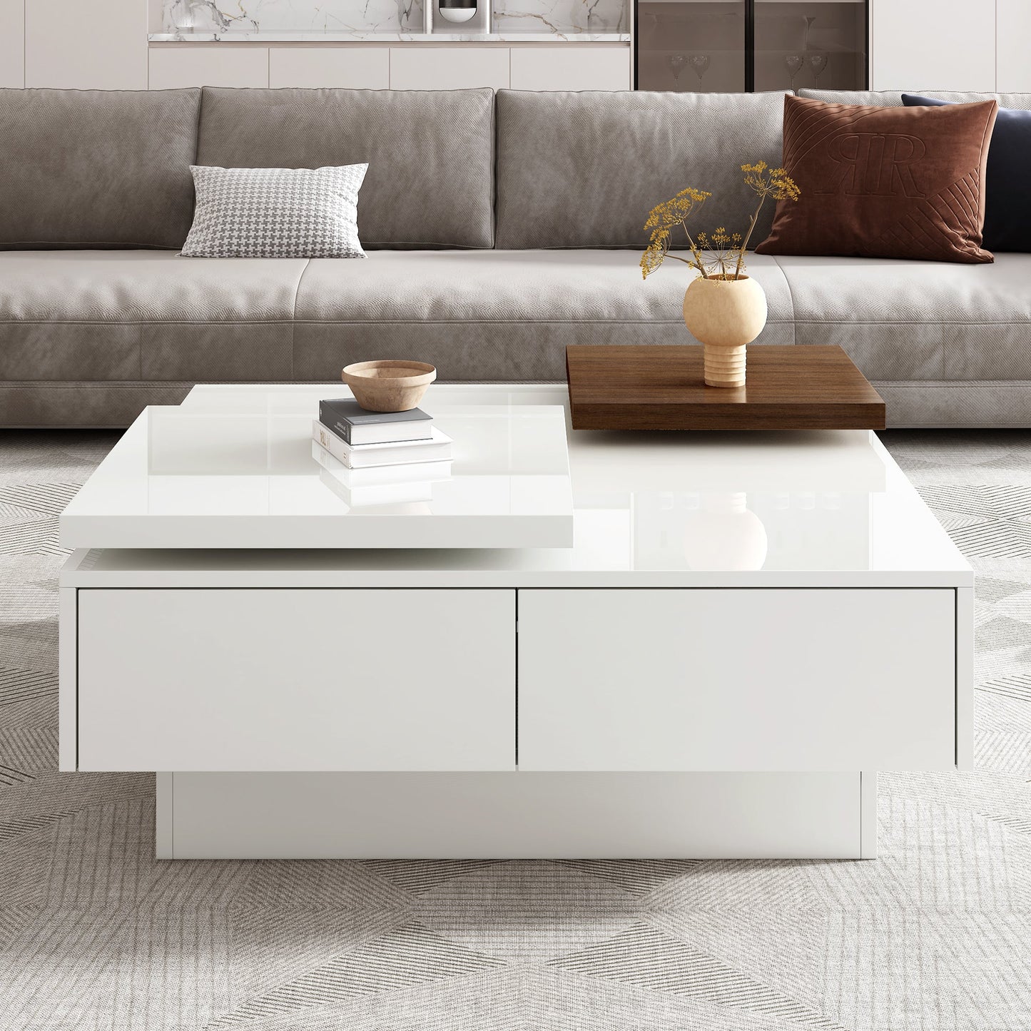 U-Can Movable Top Coffee Table, Modern Square Wood Coffee Table with High Gloss finish, 4 Hidden Storage Drawers for Living Room