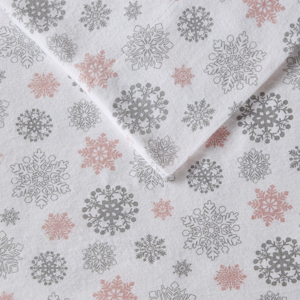 Cozy Flannel - Sheet Set - Pink / Gray Snowflakes