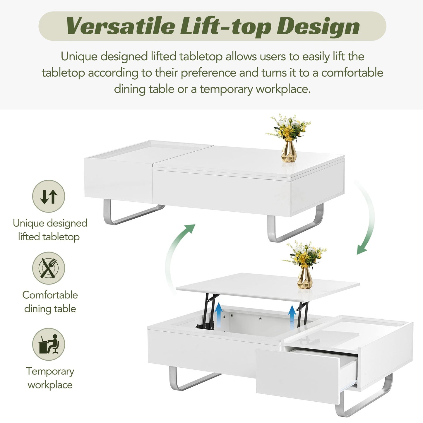 Multi-functional Coffee Table with Lifted Tabletop, Contemporary Cocktail Table with Metal Frame Legs, High-gloss Surface Dining Table for Living Room, White