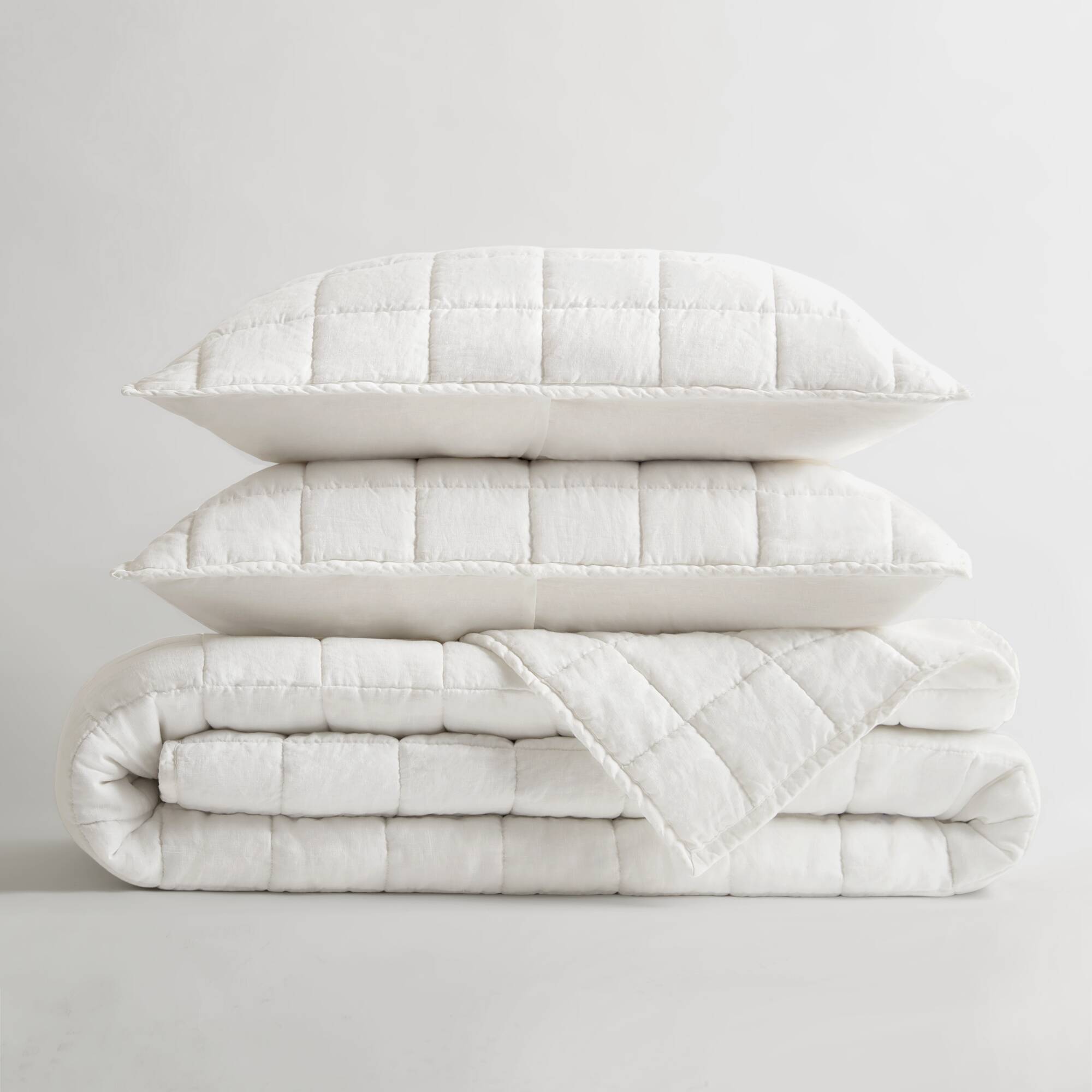 French Flax - Full/Queen Linen Garment Washed Quilt Set - White