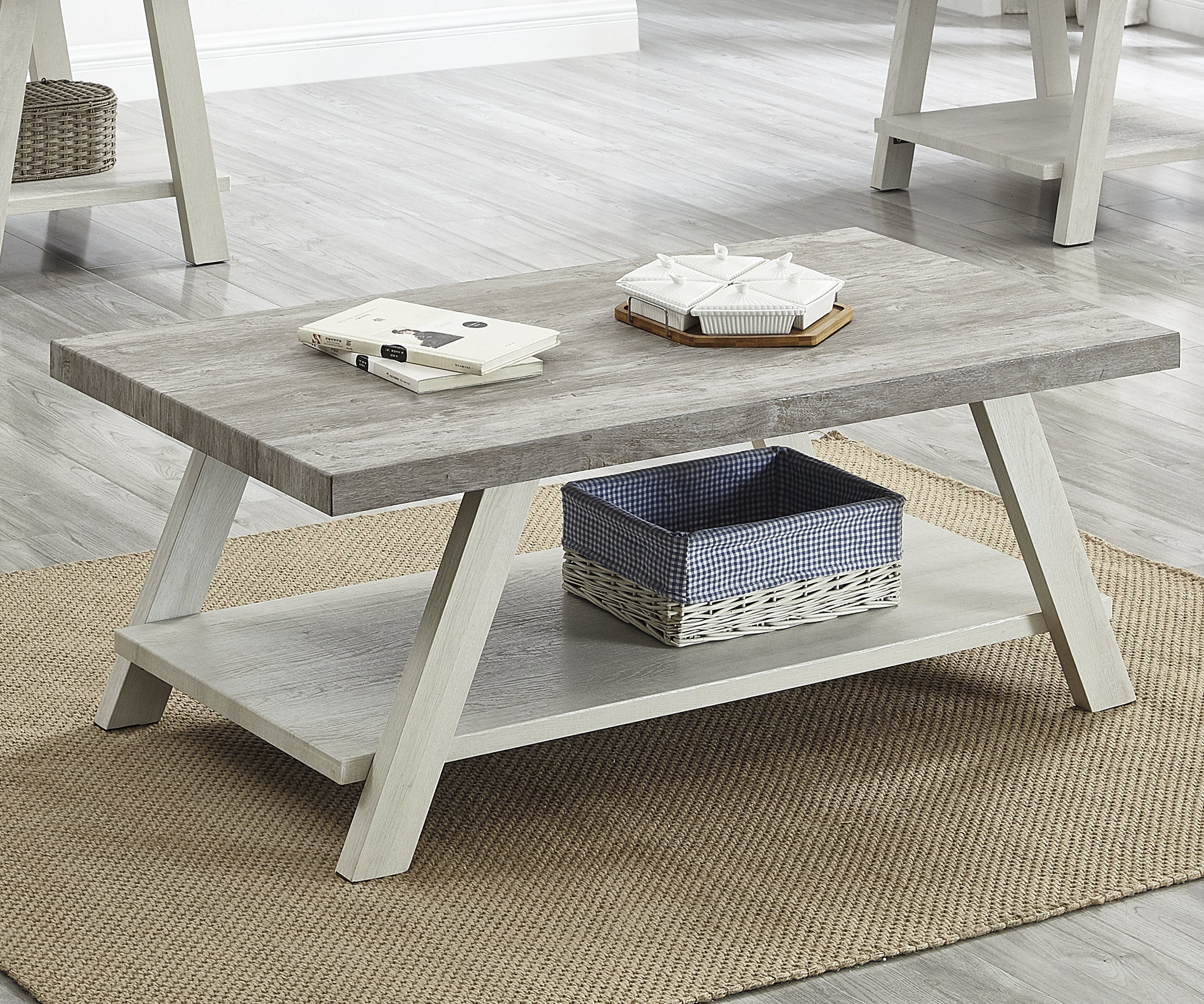 Athens Contemporary Two-Tone Wood Shelf Coffee Table in Weathered Gray and Beige