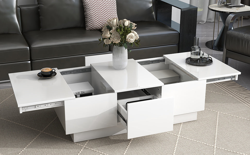 Coffee Table with 2 large Hidden Storage Compartment, Extendable Cocktail Table with 2 Drawers, High-gloss Center Table with Sliding Top for Living Room, 39.3"x21.6", White