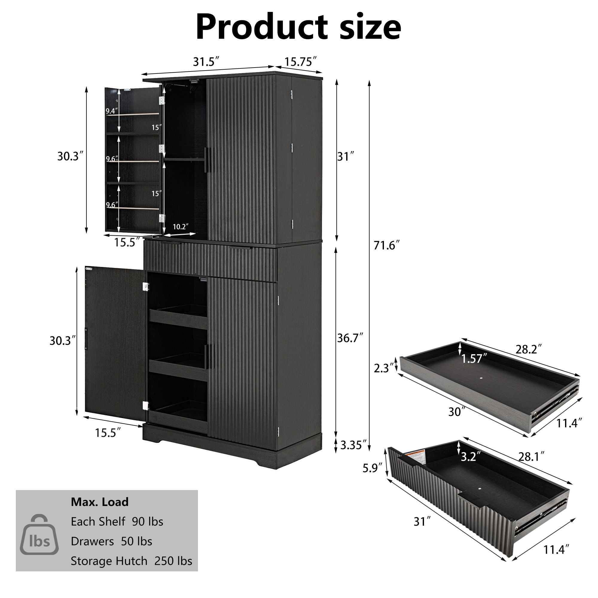Fluted Kitchen Pantry Cabinet With 3 Keyboard Drawers & 6 Adjustable Door Shelves
