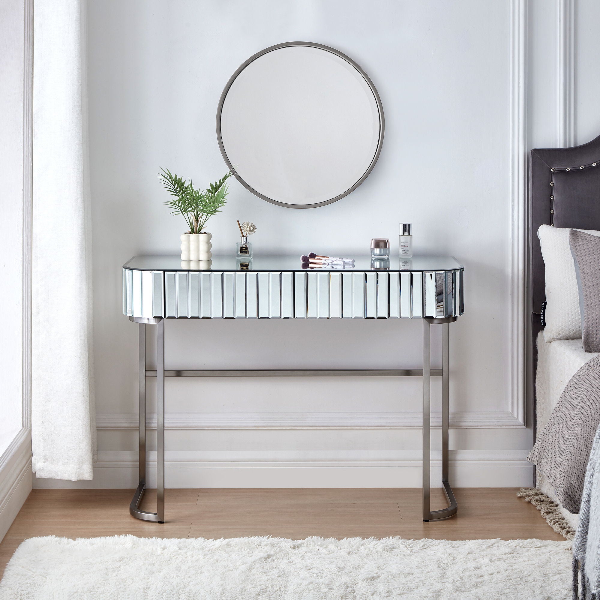 Mirrored Makeup Vanity Table With Stainless Steel Base And 2 Drawers
