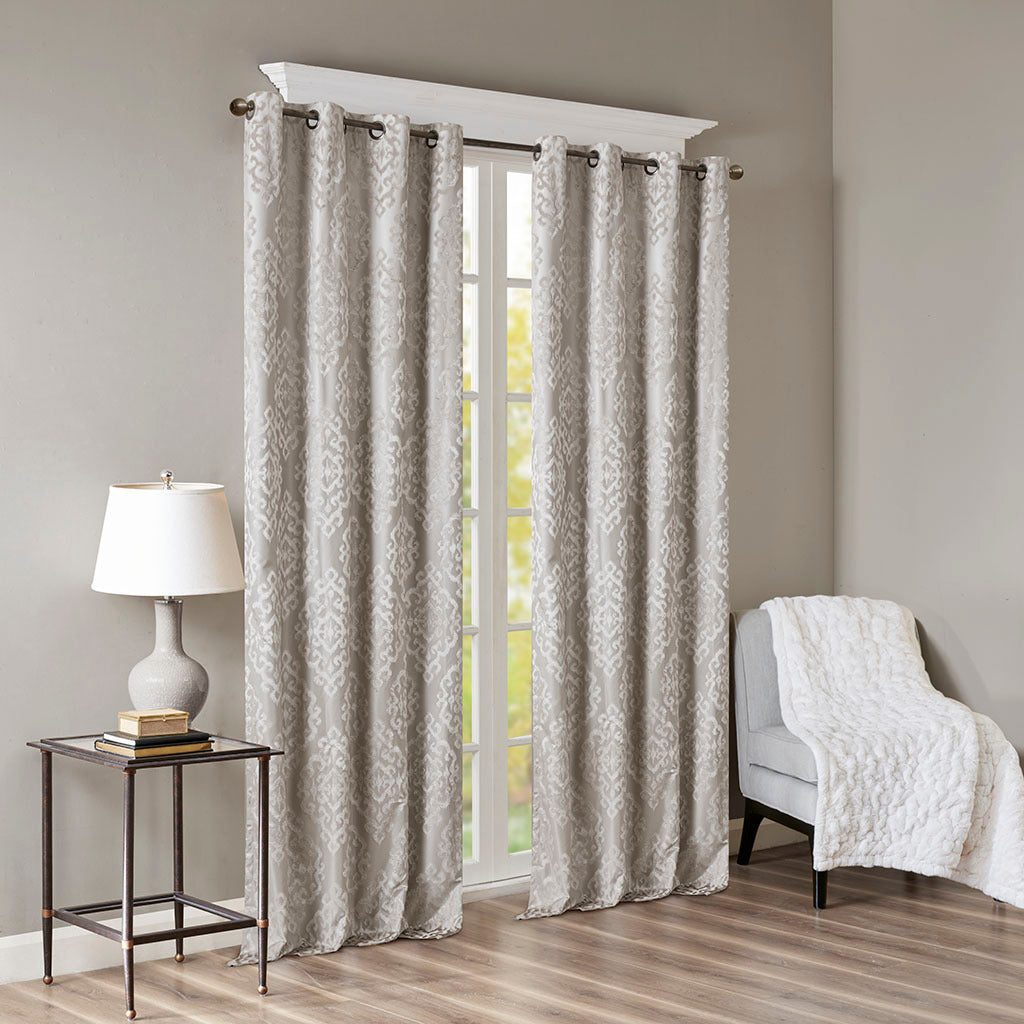 Knitted Jacquard Damask Total Blackout Grommet Top Curtain Panel